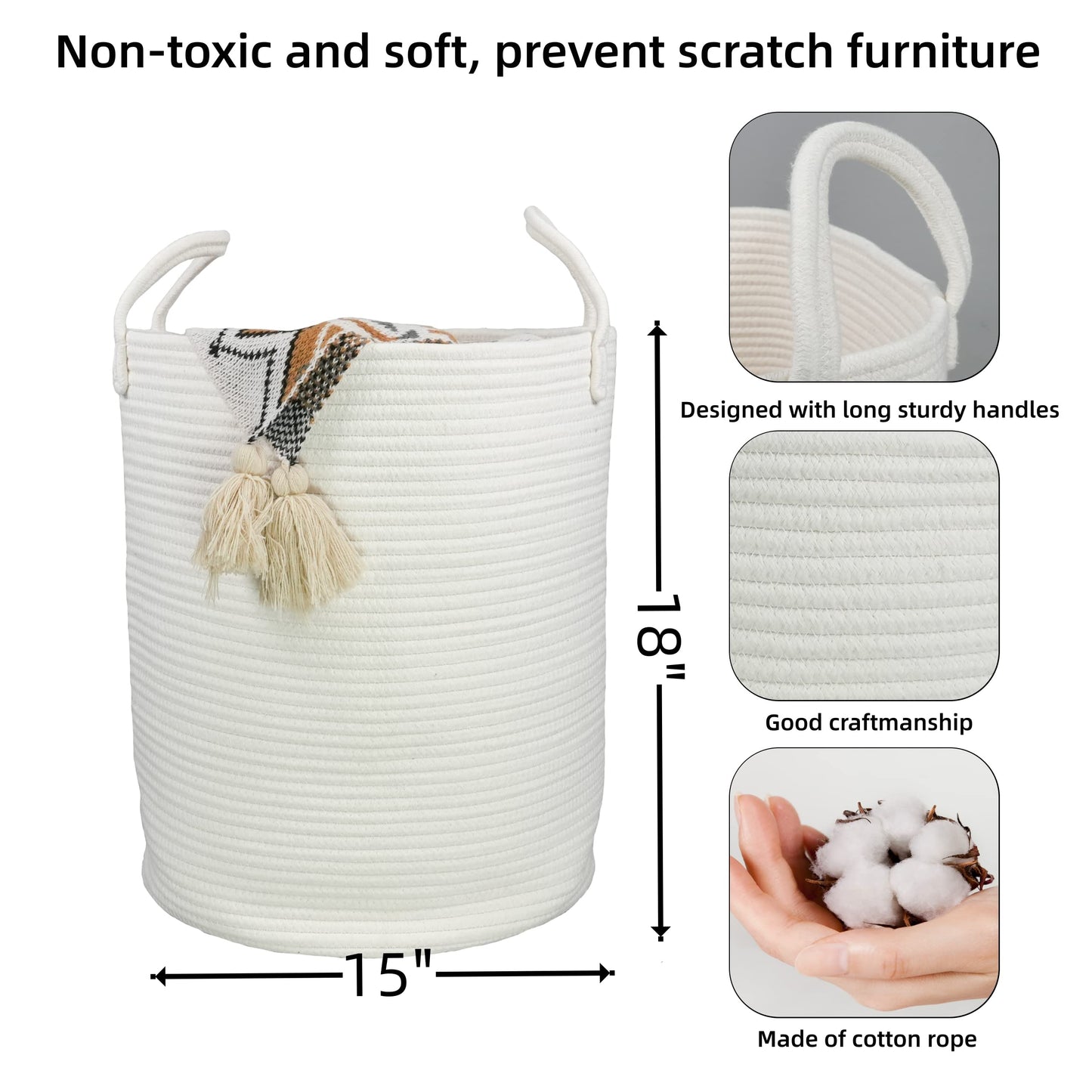 XUANGUO Cotton Rope Laundry Basket Hamper for Clothes Decorative Woven Storage Basket for Living Room Bedroom Boho Tall Rope Baskets for Blanket Toys - WoodArtSupply