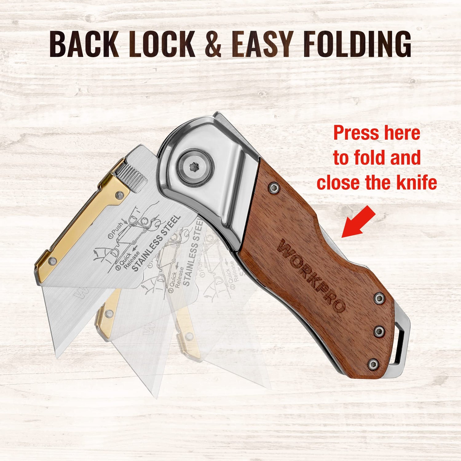 WORKPRO Folding Utility Knife with Belt Clip and Extra 10-piece Blades, Wood Handle Heavy Duty Cutter, Quick-change & Back Lock WORKPRO