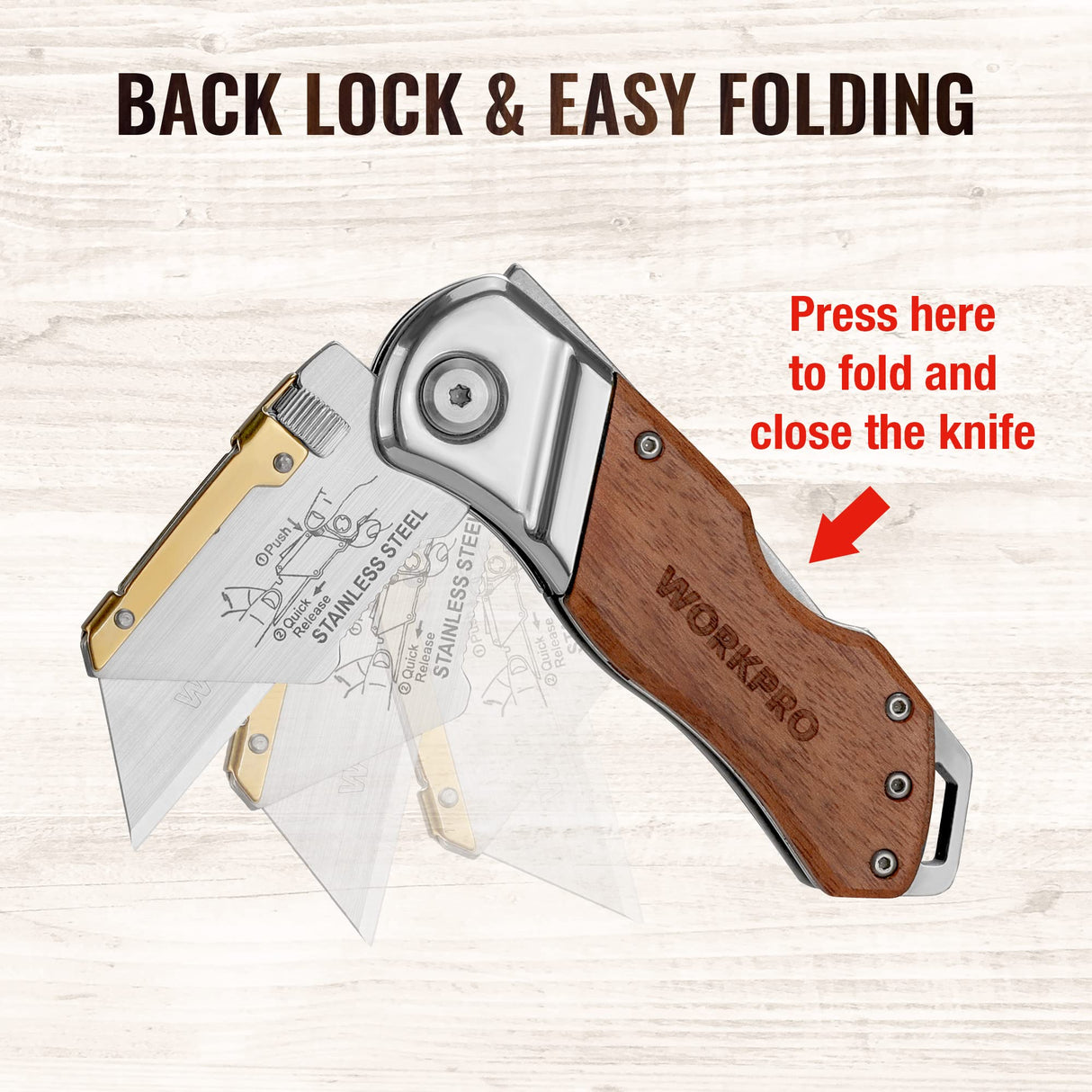 WORKPRO Folding Utility Knife with Belt Clip and Extra 10-piece Blades, Wood Handle Heavy Duty Cutter, Quick-change & Back Lock WORKPRO