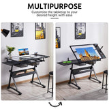 Yaheetech Drawing Table, Art Craft Desk with Adjustable Tabletop, Painters/Artist Work Station, Study Table with Stool, Tempered Glass Top Yaheetech