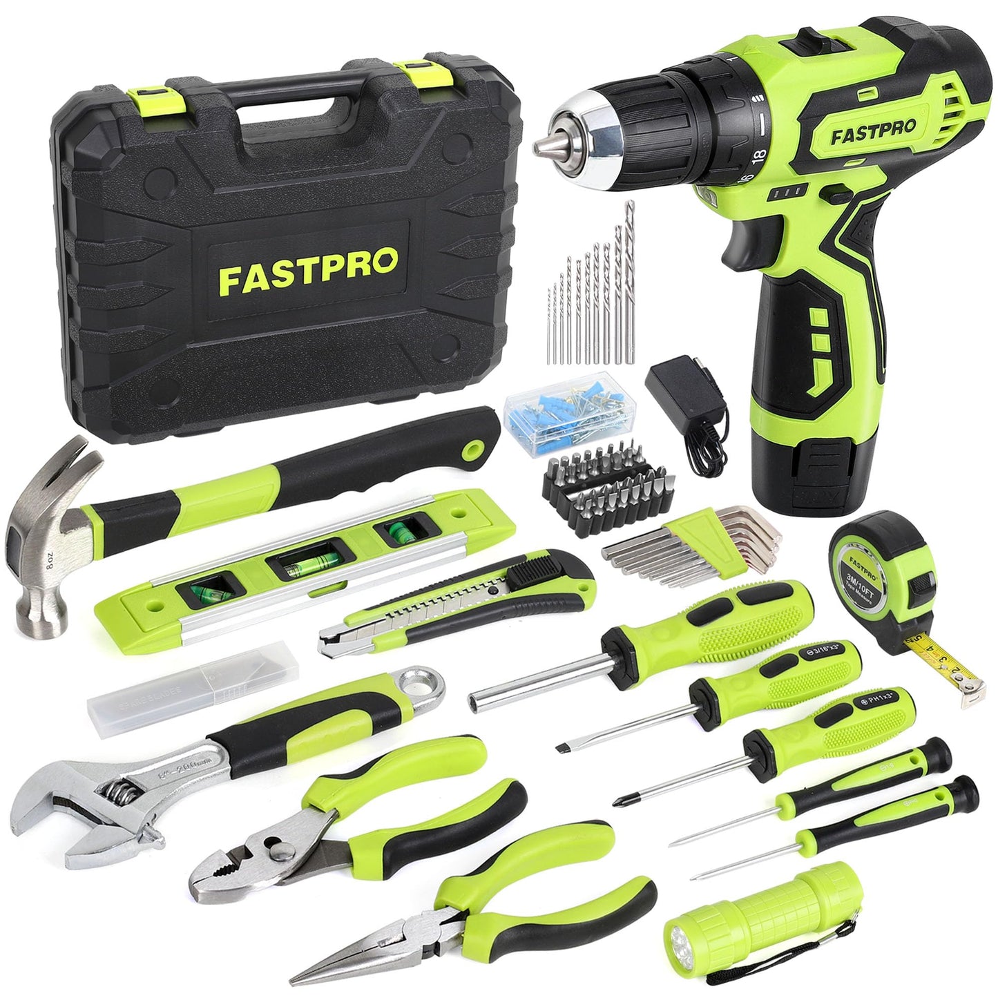 FASTPRO 160-Piece Home Tool kit with Drill, 12V Cordless Lithium-ion Drill Driver and Household Repairing Tool Set with Storage Case, For DIY, Home