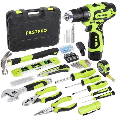 FASTPRO 160-Piece Home Tool kit with Drill, 12V Cordless Lithium-ion Drill Driver and Household Repairing Tool Set with Storage Case, For DIY, Home FASTPRO