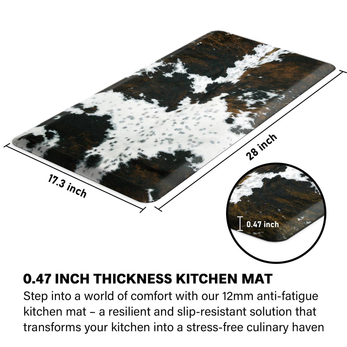 Tyrot Cowhide Kitchen Mat Cushioned Anti Fatigue - 1/2 Inch Thick Western Cow Kitchen Mats for Floor, Non Slip PVC Waterproof Standing Desk Ergonomic Tyrot