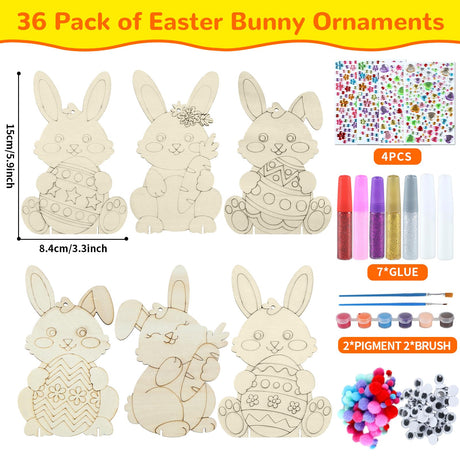 QOUBAI 36 Pack Easter Unfinished Wood Crafts for Kids DIY Coloring Easter Bunny Cutout DIY Easter Hanging Rabbit Wood Arts Crafts Ornaments for Party QOUBAI