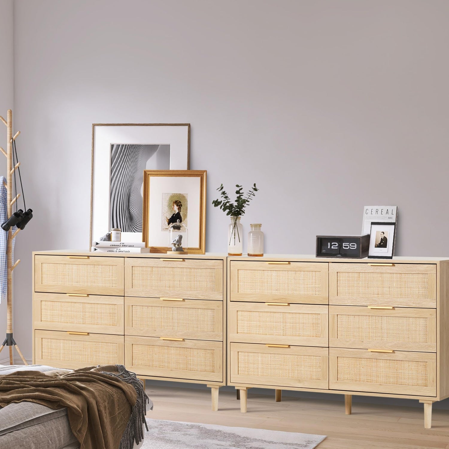 FUQARHY 6 Drawer Dresser Rattan Dresser Modern Chest with Drawers,Wood Storage Closet Dressers Chest of Drawers for Bedroom,Living Room,Hallway FUQARHY