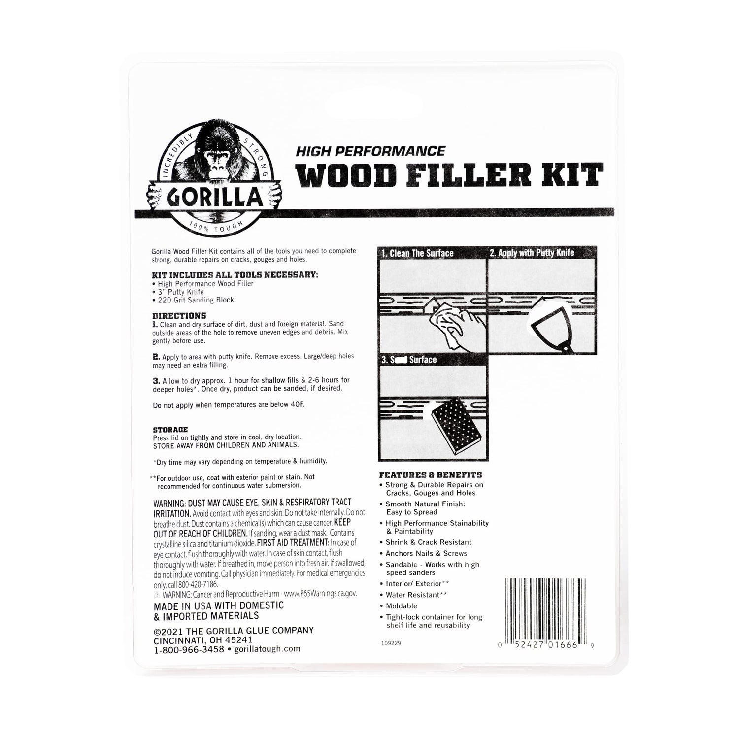 Gorilla All Purpose Wood Filler Wood Repair Kit with Putty Knife and Sanding Block Gorilla