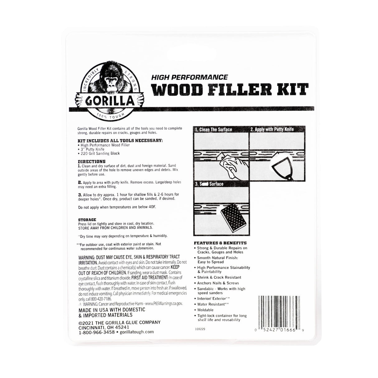 Gorilla All Purpose Wood Filler Wood Repair Kit with Putty Knife and Sanding Block Gorilla