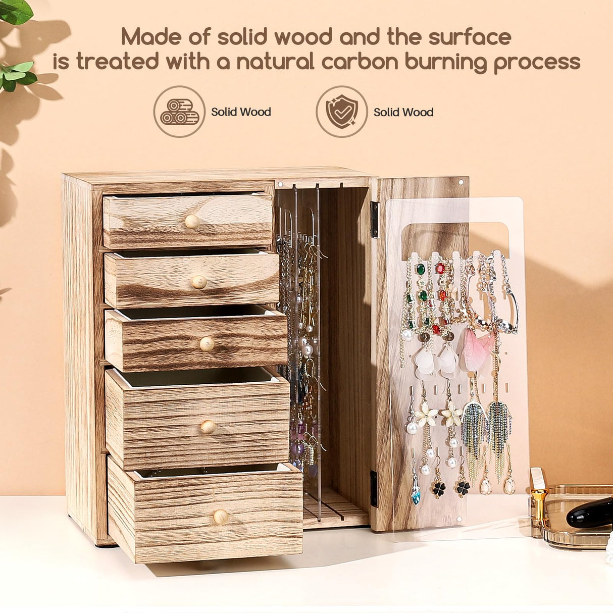 Homde Wood Jewelry Organizer 5 Layer Jewelry Box for Rings, Necklaces, Earrings, Bracelets, Watches Rustic Jewelry Boxes & Organizers for Women Homde