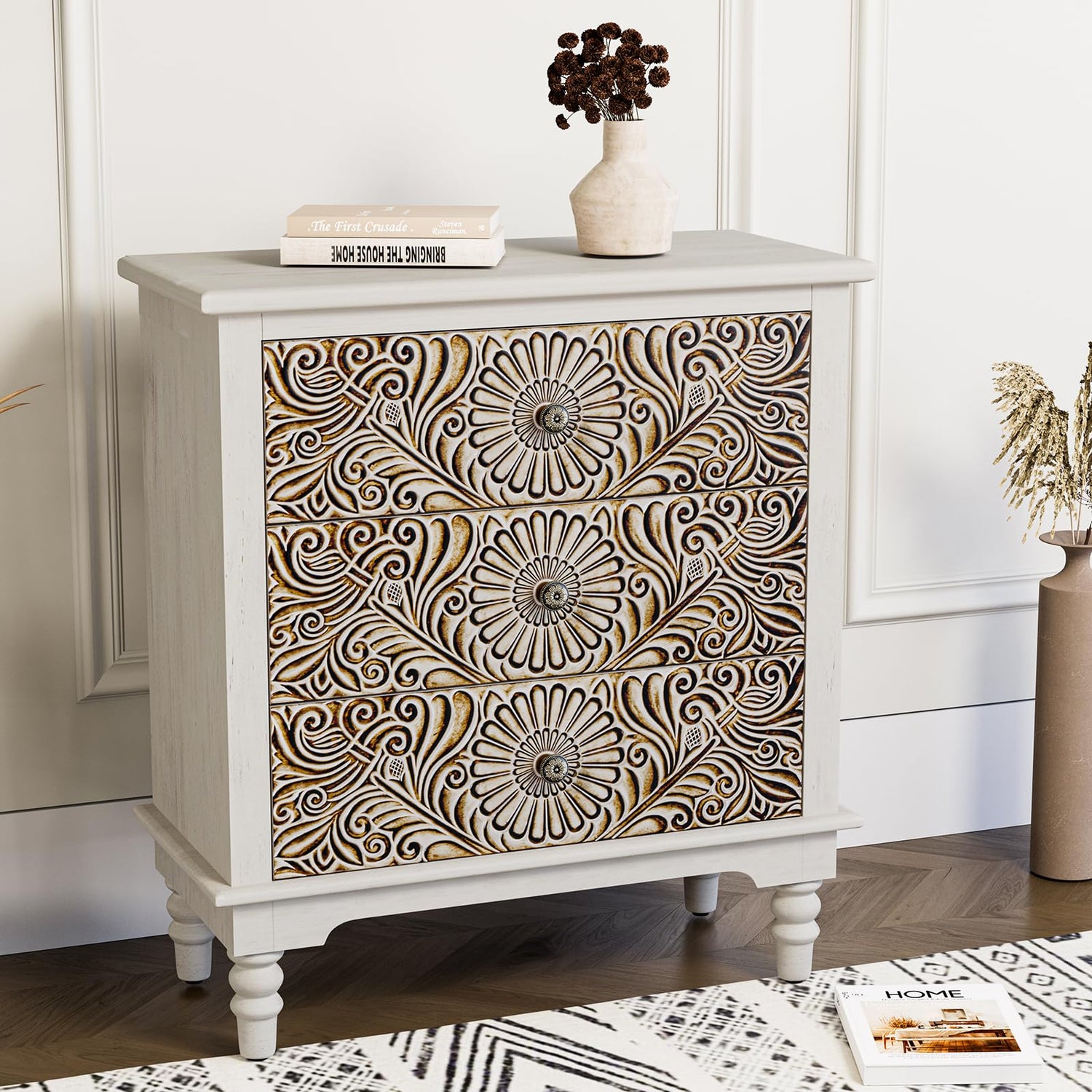 HOMPUS End Table w Flower Pattern, Nightstand w 3 Storage Drawers, Small Night Stand w Wood Grain Finish, Accent Table Side Table, Small Chest HOMPUS