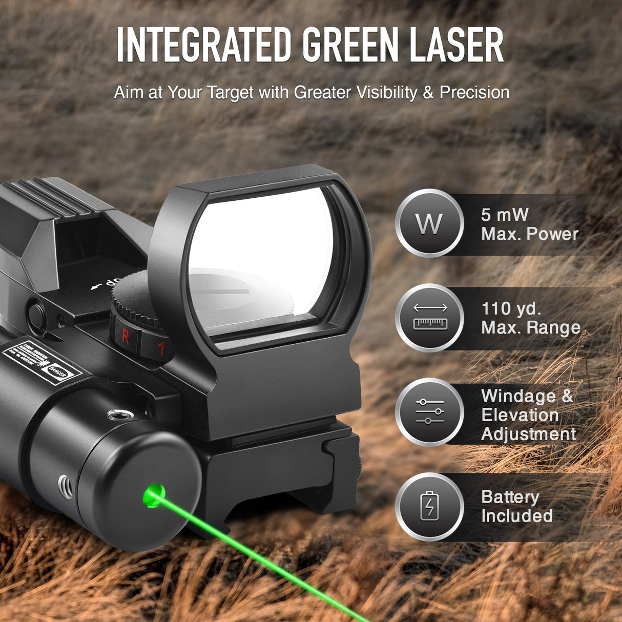 Pinty Red Dot Sight with Integrated Green Laser Sight, Laser Class IIIA, Laser Output Less Than 5mW Pinty