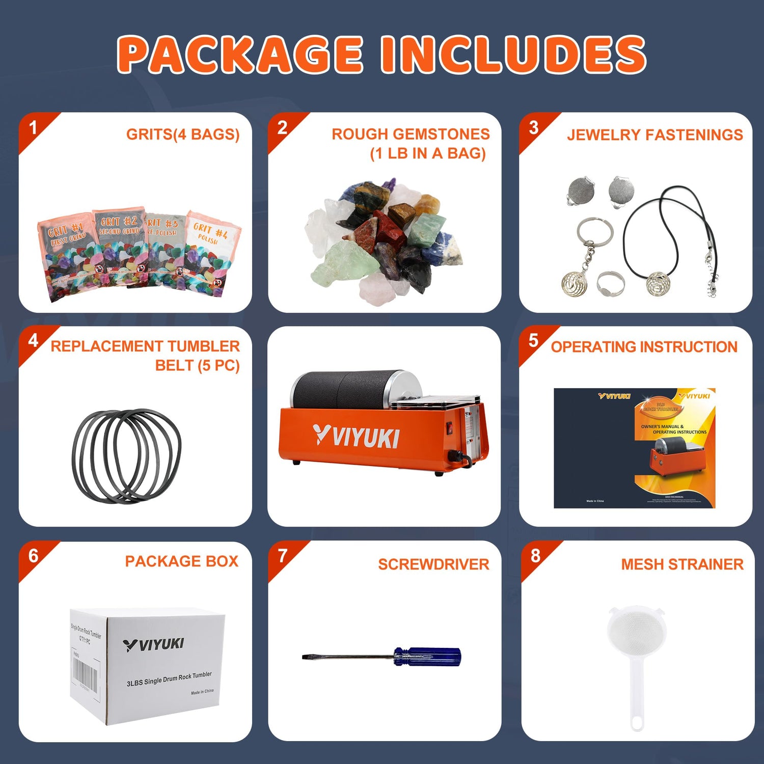 VIYUKI Professional Rock Tumbler Kit - Double Drum 6LB Lapidary Polisher for Adults (Double Barrel), Includes Rough Gemstones, 8 Polishing Grits, VIYUKI