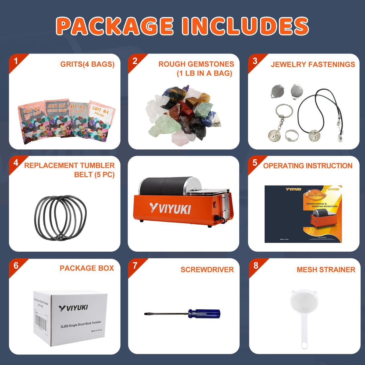 VIYUKI Professional Rock Tumbler Kit - Double Drum 6LB Lapidary Polisher for Adults (Double Barrel), Includes Rough Gemstones, 8 Polishing Grits, VIYUKI