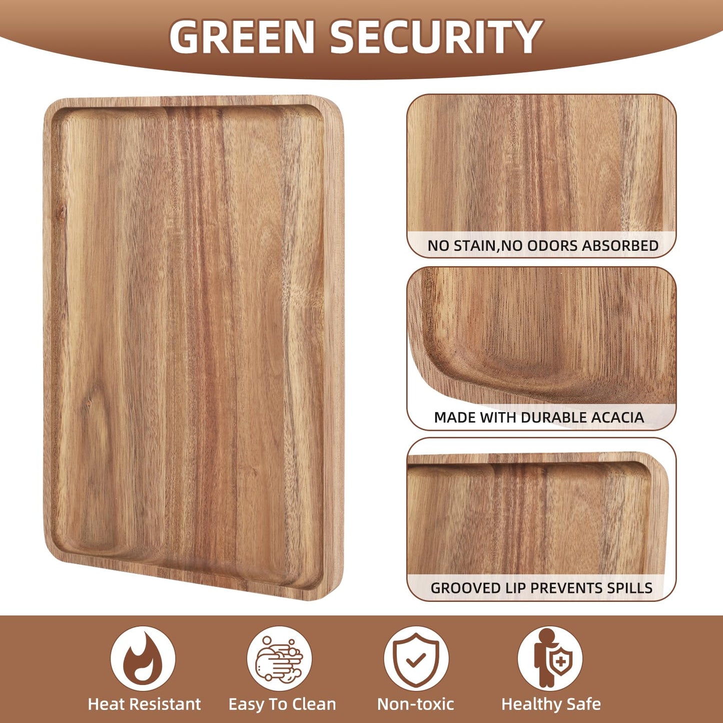 2 PCS Solid Acacia Wood Serving Trays Rectangular Wooden Serving Platters Natural Wooden Boards for Bar Coffee Party 13 * 9 inch （Wood Log Color）