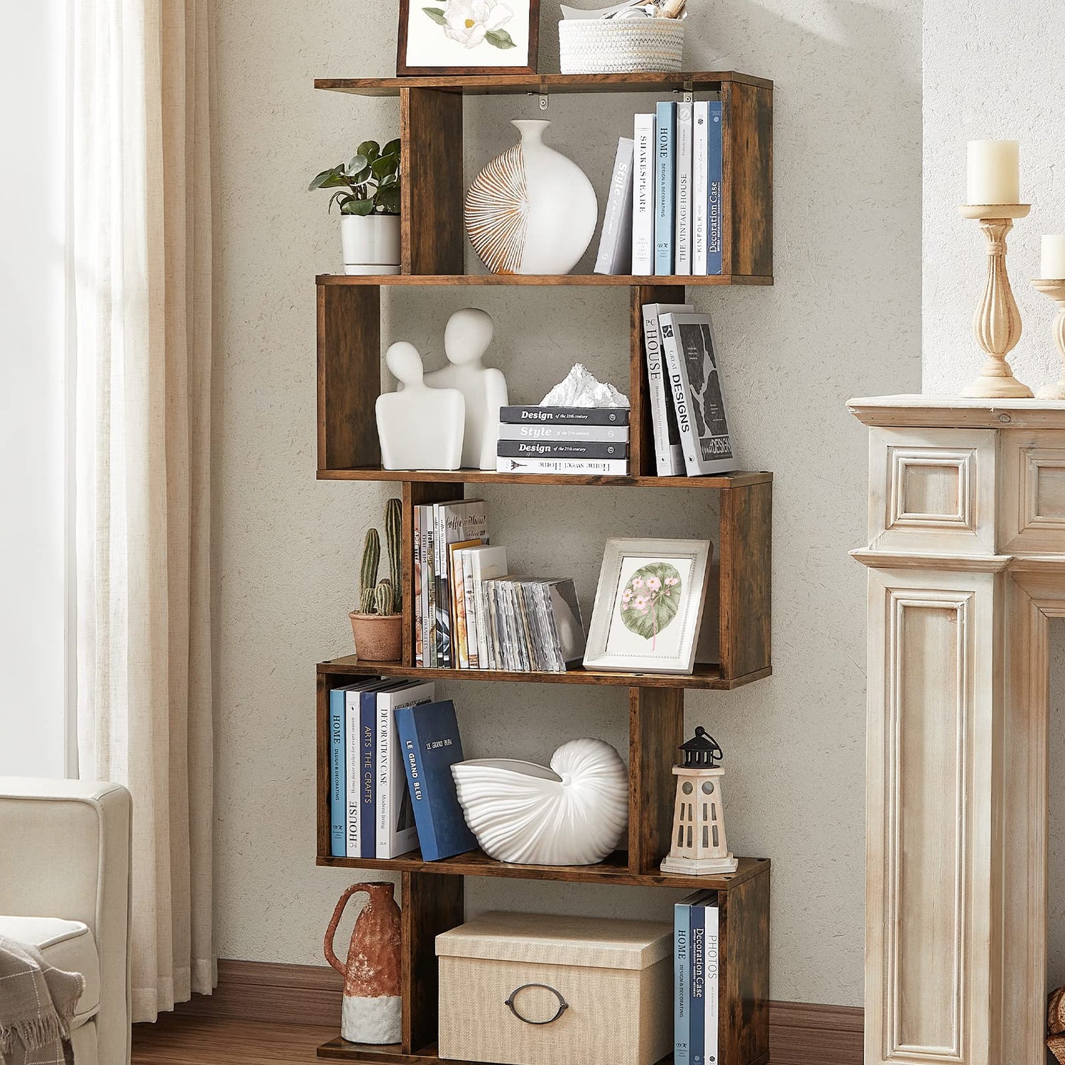 VASAGLE Rustic Brown 5-Tier Bookshelf and Room Divider with Sturdy Design VASAGLE