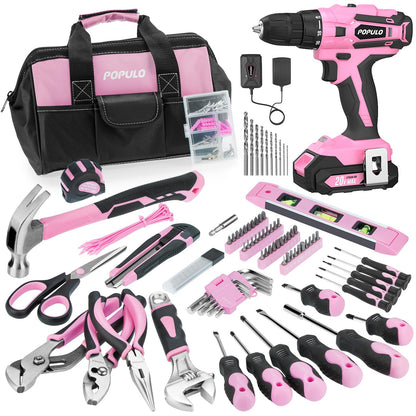 POPULO Pink Tool Kit 236-Piece with Cordless 20V 2000mAh Power Drill Driver, Lady's Basic Home Tool Set with 12-Inch Pink Tool Bag, Electric Drill - WoodArtSupply