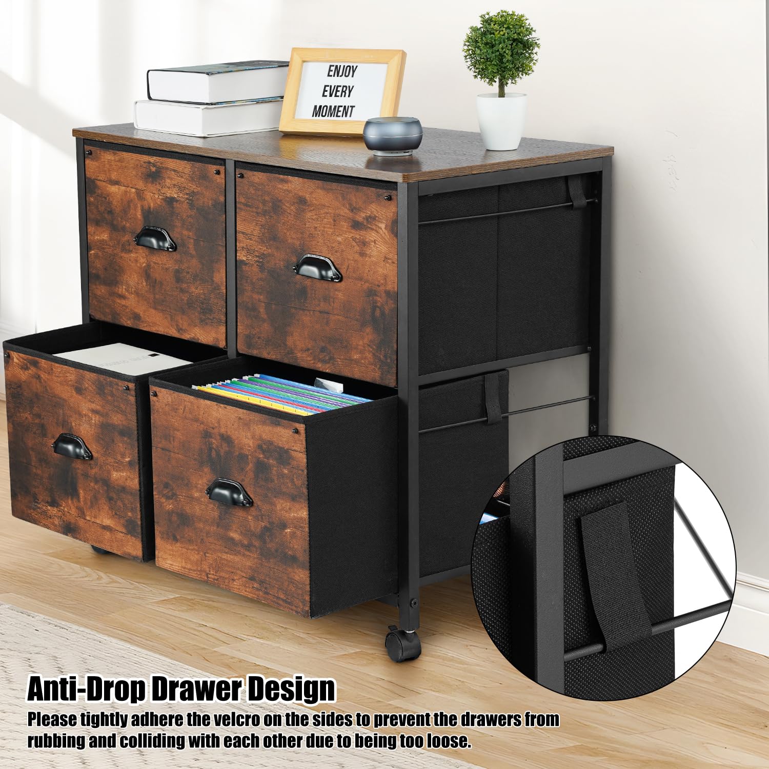 TOPSKY 4 Drawers Mobile Fabric Lateral File Cabinet with Casters for Letter Size File (Rustic Brown) - WoodArtSupply