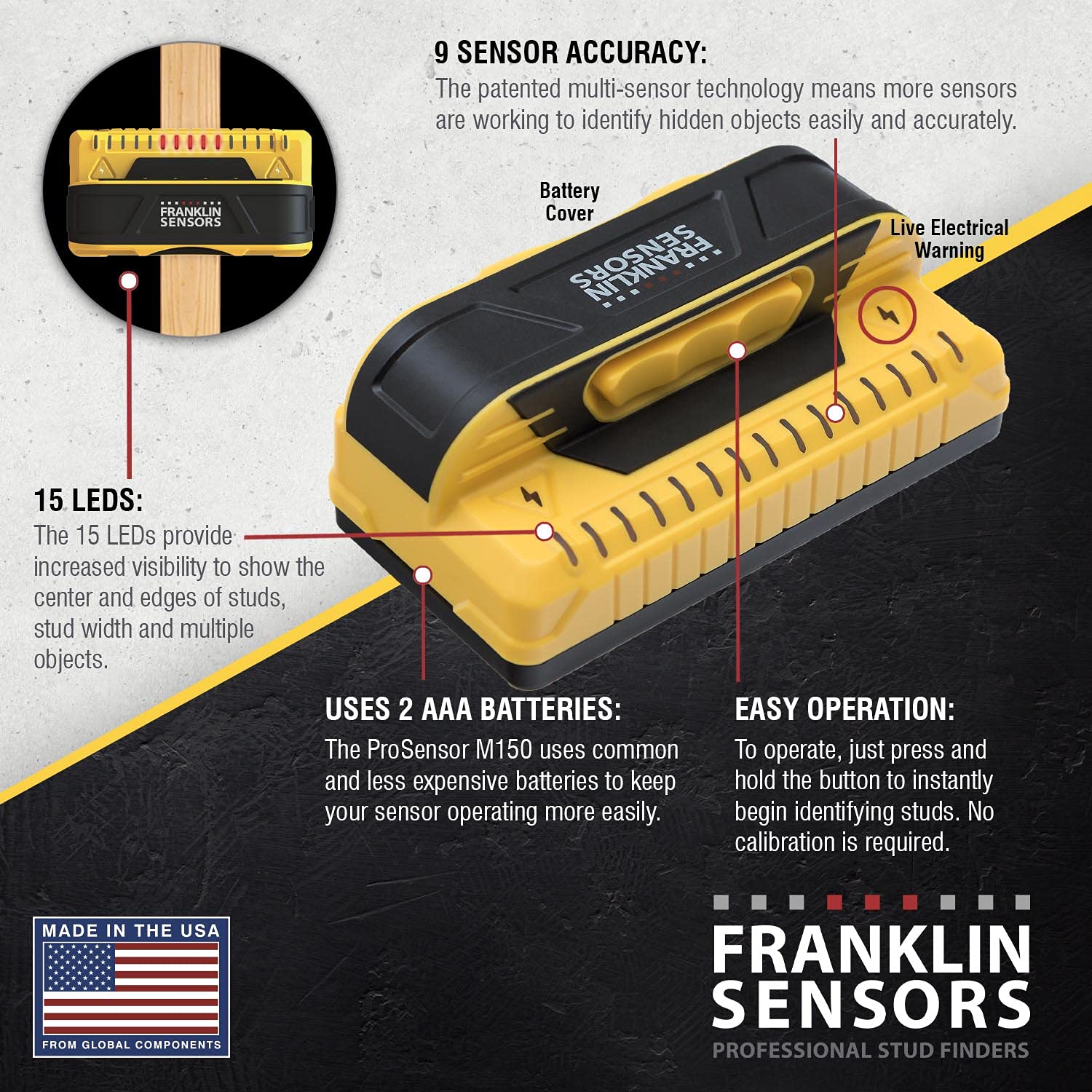 Franklin Sensors ProSensor M150 Professional Stud Finder with 9-Sensors for The Highest Accuracy Detects Wood & Metal Studs with Incredible Speed, Franklin Sensors Professional Stud Finders
