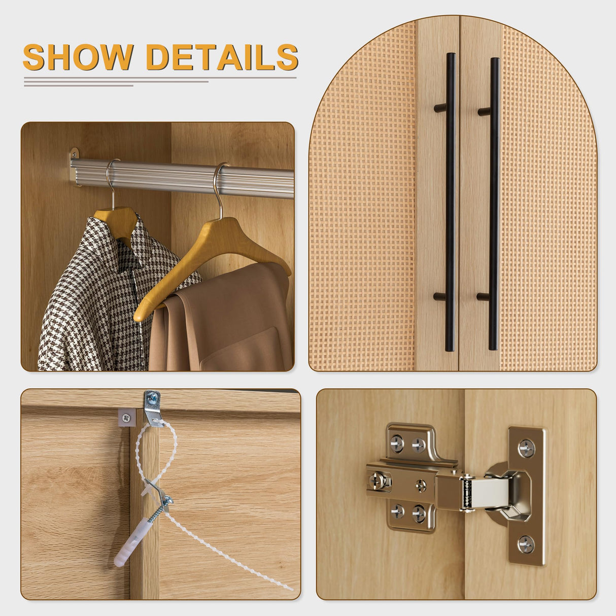 UEV Brown 6 Doors Rattan Armoire Wardrobe Closet,63" Large Armoire Storage Cabinet with 2 Drawers Side Shelves,Wooden Wardrobe Closet with 2 Hanging UEV