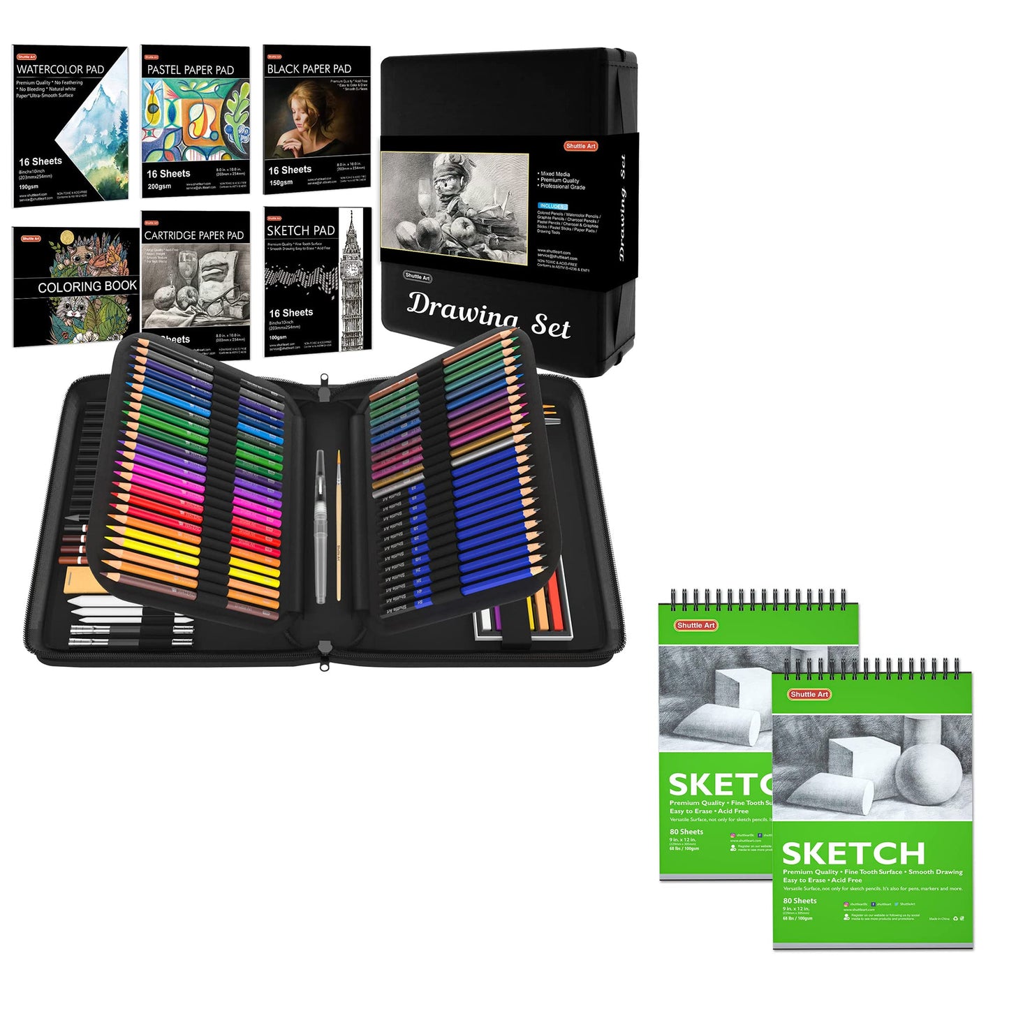 Shuttle Art Drawing Kit and Sketch Pad Bundle, Set of 124 Pack Professional Drawing Kit +160 Sheets Sketch Pad