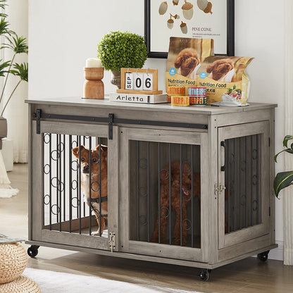 IchbinGo Dog Crate Furniture with Sliding Barn Door, 39" Wooden Dog Kennel End Table with Wheels and Flip-top Plate Dog House with Detachable Divider - WoodArtSupply