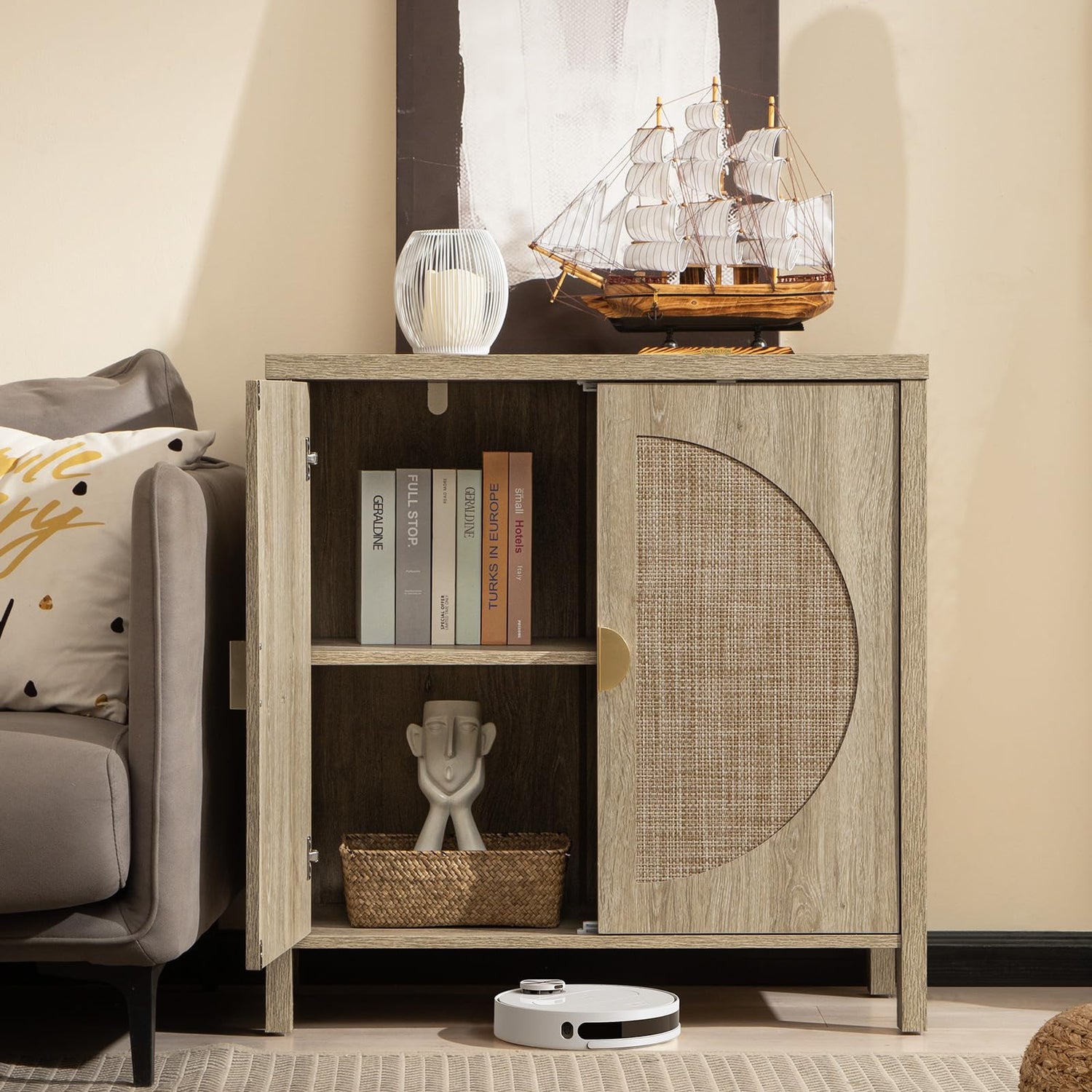 SICOTAS Accent Wood Storage Cabinet Set of 2, Rattan Sideboard Buffet Cabinet with Adjustable Shelves, Multifunctional Console Table Credenza for SICOTAS