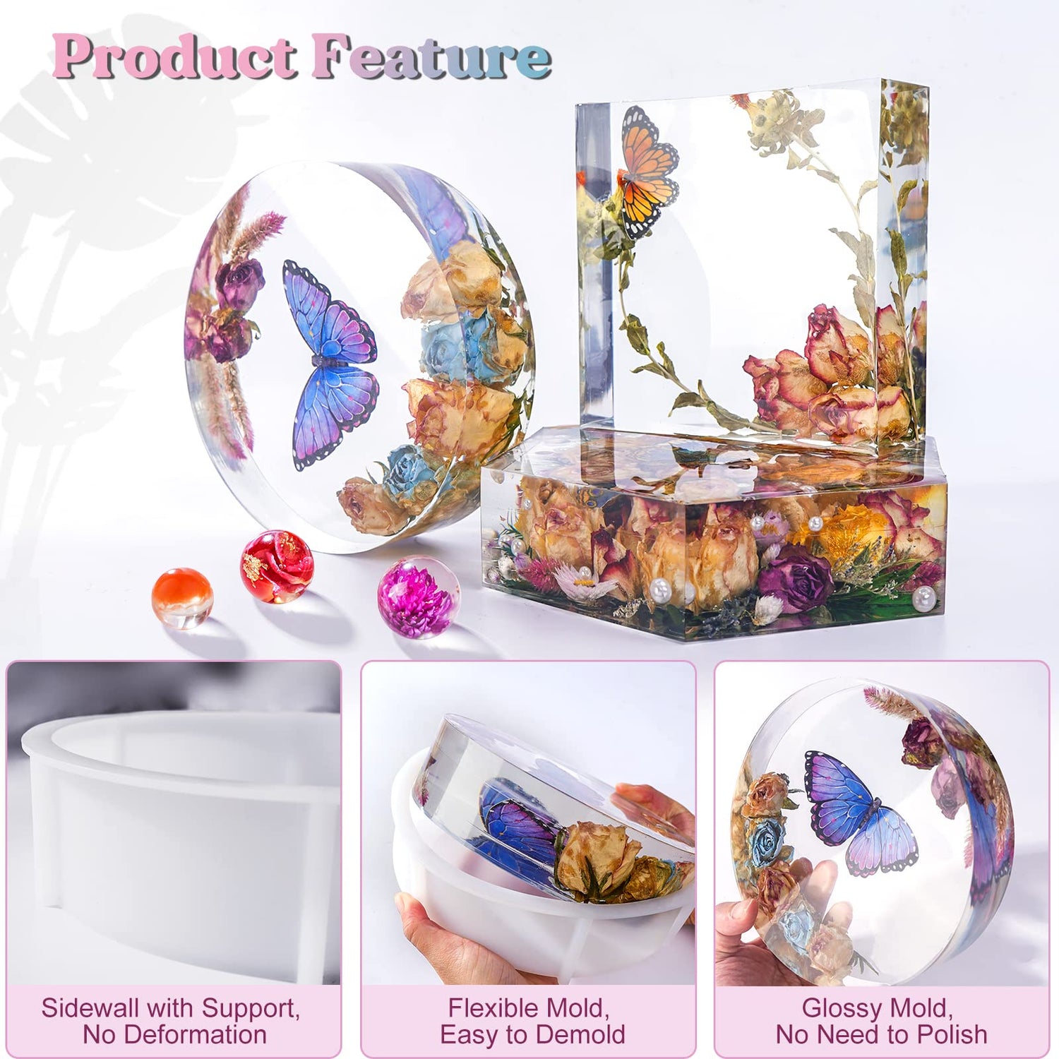 LET'S RESIN Upgrade Epoxy Resin Molds,Large Resin Molds for Flowers Preservation,Glossy Deep Hexagon Square Round Silicone Molds for Resin LET'S RESIN