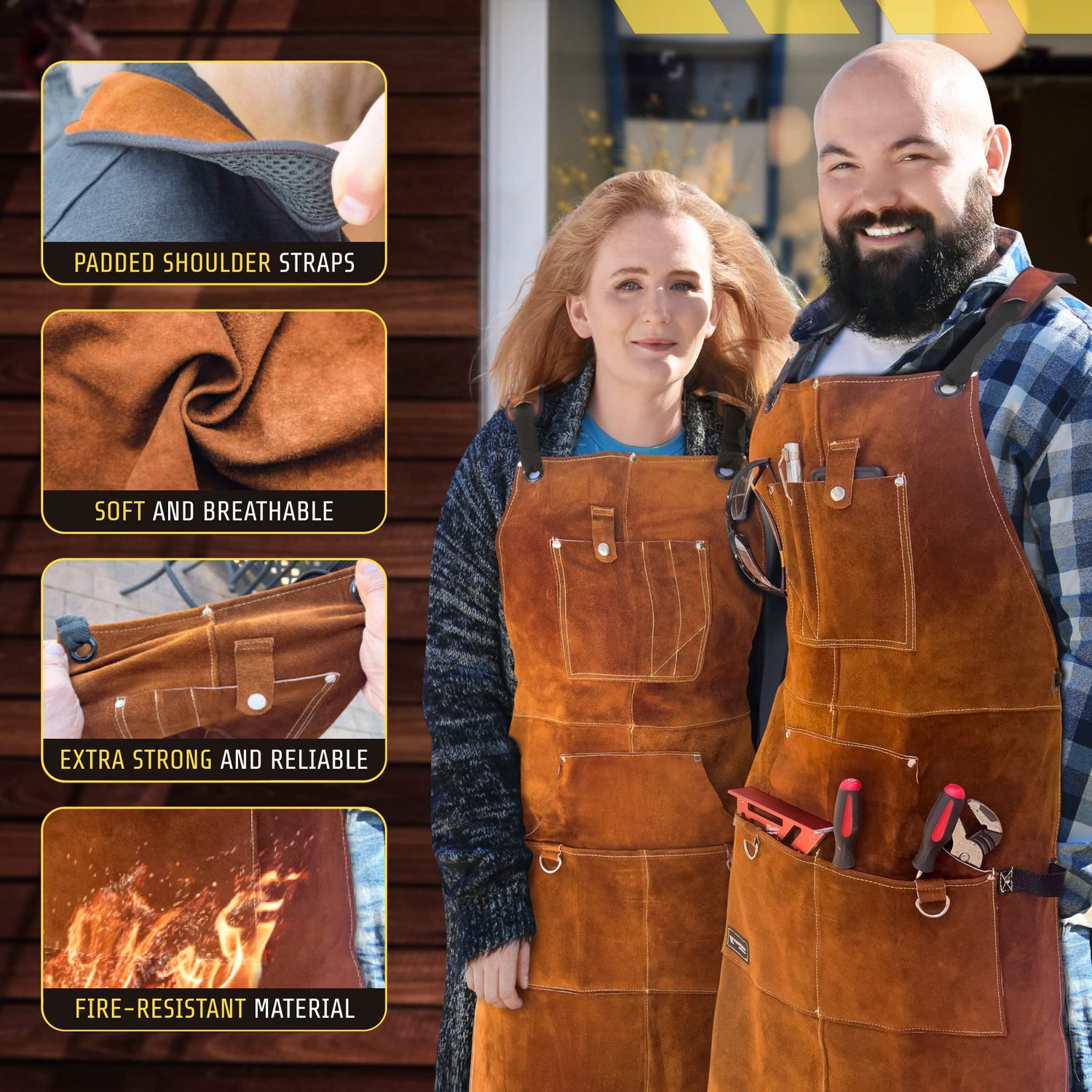 FIGHTECH® Leather Work Apron with Tool Pockets For Welding w Kevlar Stitching | Woodworking Shop | Adjustable M-XXL (Brown, Leather) FIGHTECH