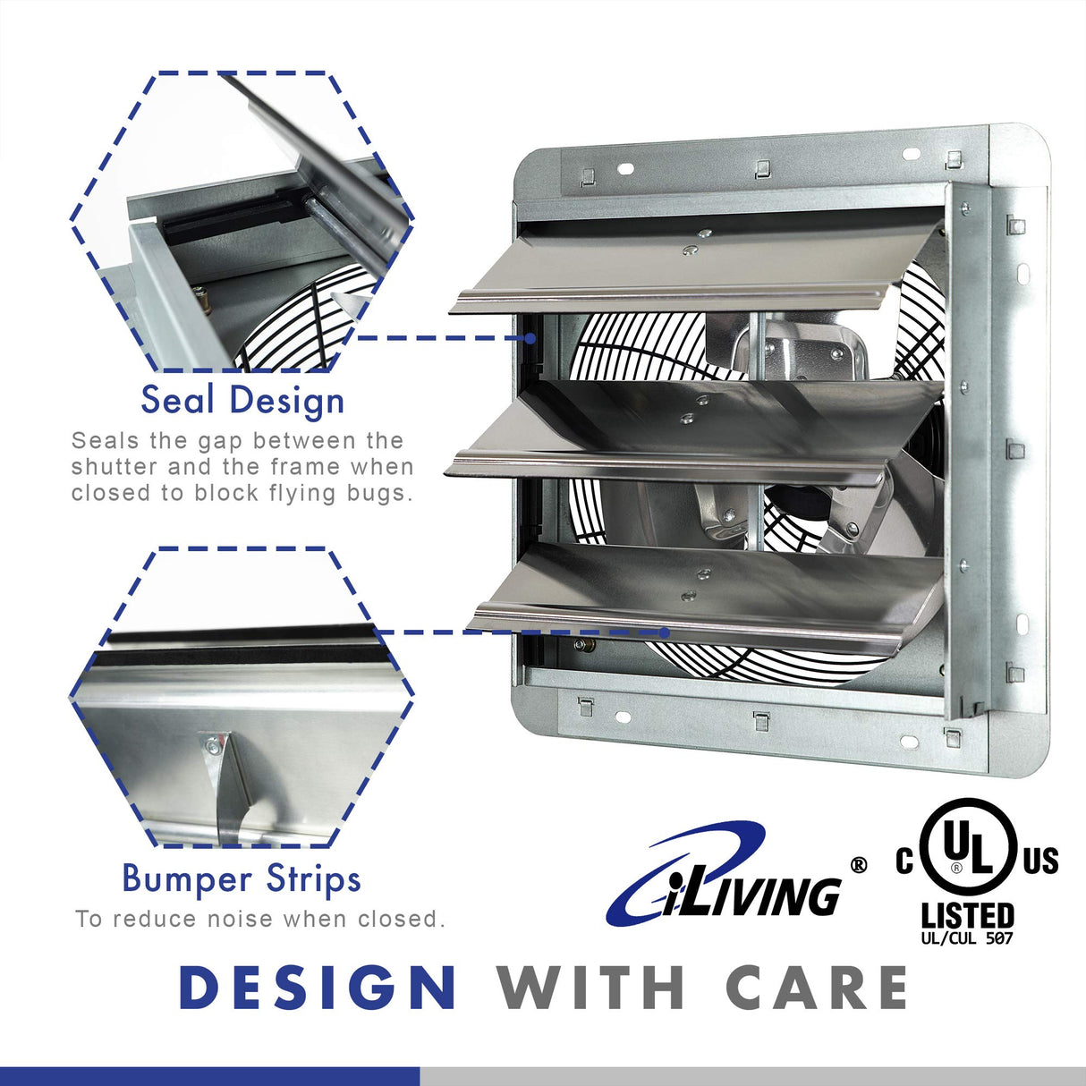 iLIVING 12" Wall Mounted Shutter Exhaust Fan, Automatic Shutter, with Thermostat and Variable Speed controller, 0.6A, 960 CFM, 1400 SQF Coverage Area iLiving