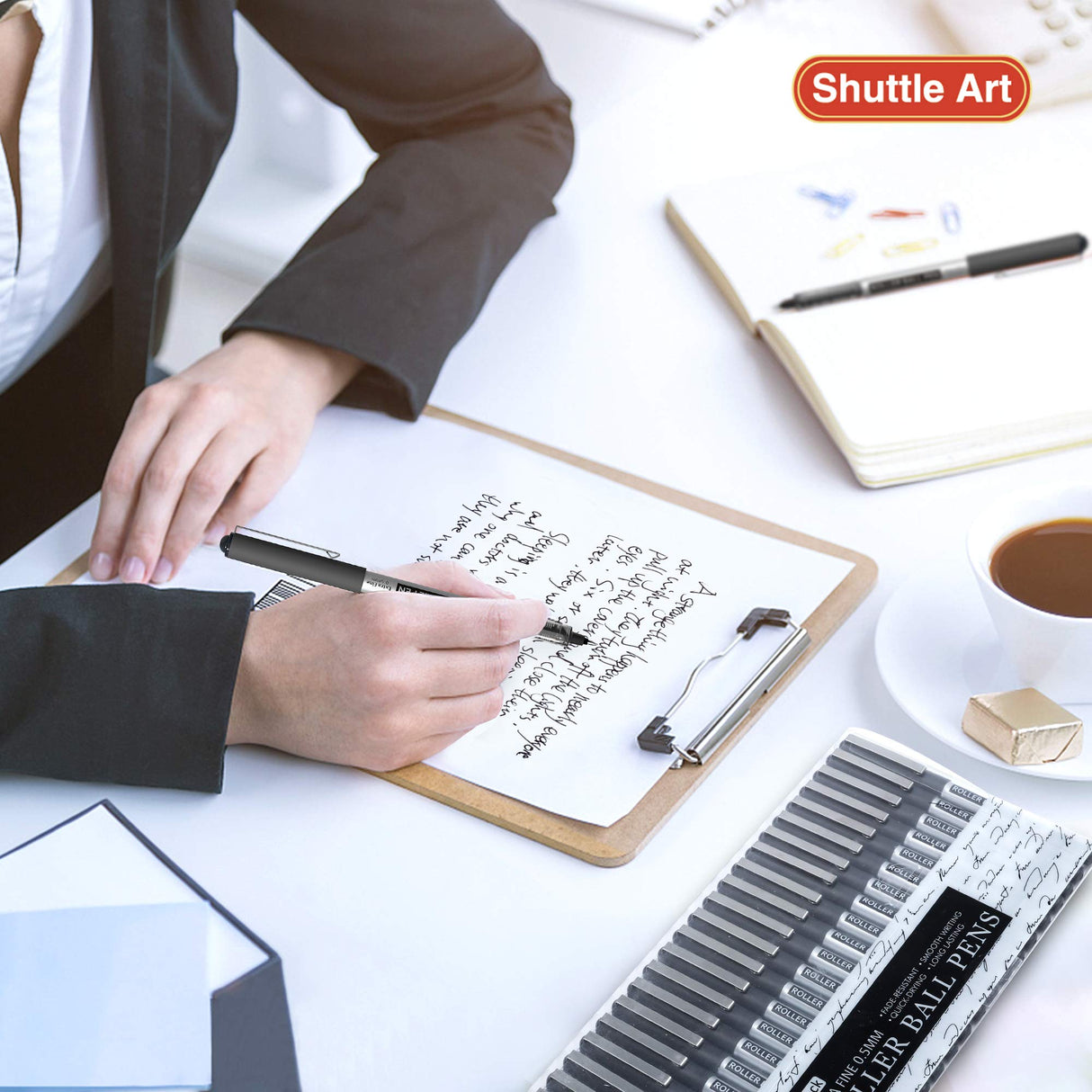 Shuttle Art RollerBall Pens, 25 Pack Black Fine Point Roller Ball Pens, 0.5mm Liquid Ink Pens for Writing Journaling Taking Notes School Office Shuttle Art