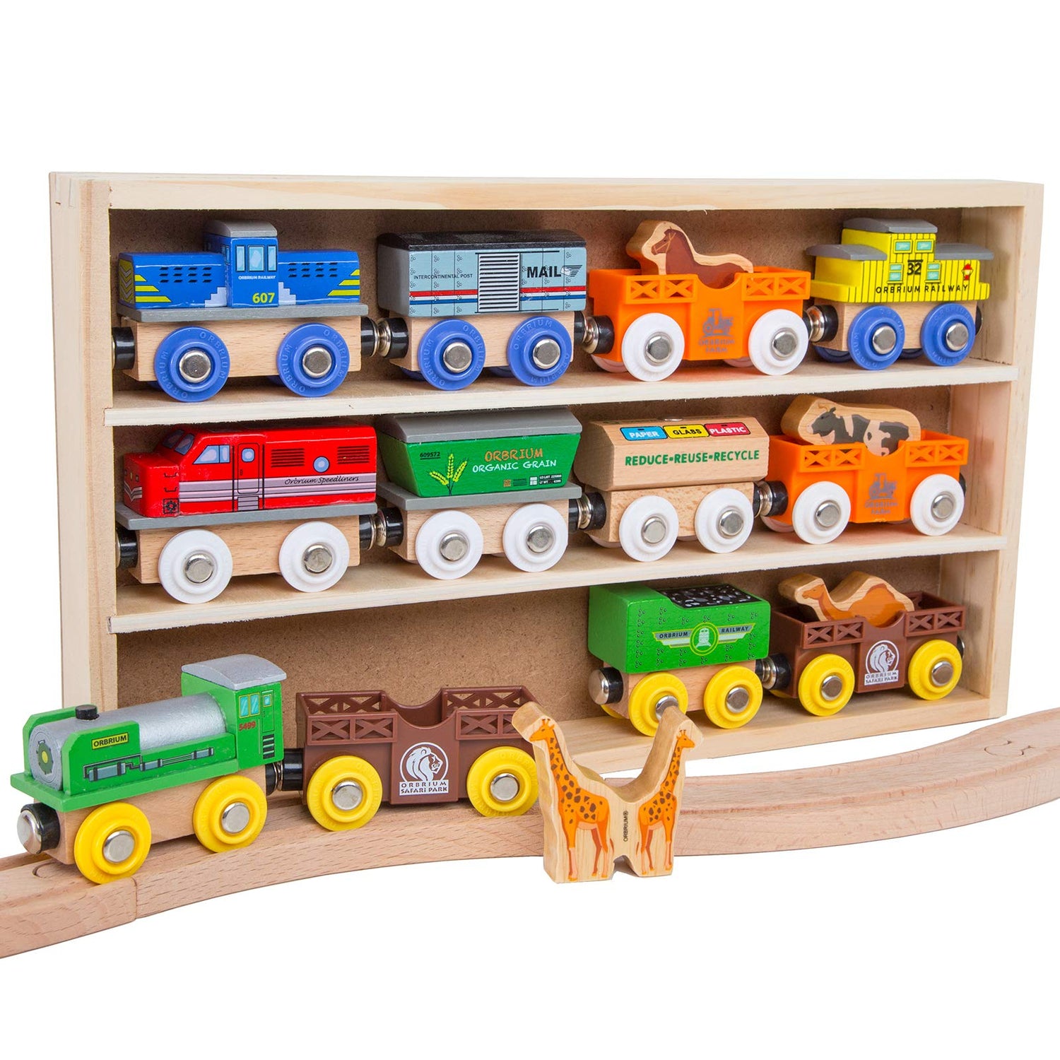 Orbrium Toys 12 (18 Pcs) Wooden Engines & Train Cars Collection with Animals, Farm Safari Zoo Wooden Animal Train Cars, Circus Wooden Train Orbrium