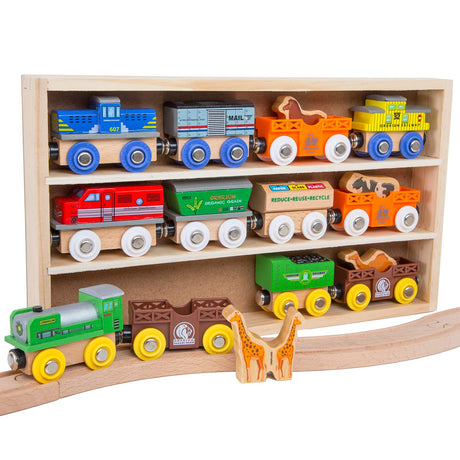 Orbrium Toys 12 (18 Pcs) Wooden Engines & Train Cars Collection with Animals, Farm Safari Zoo Wooden Animal Train Cars, Circus Wooden Train Orbrium