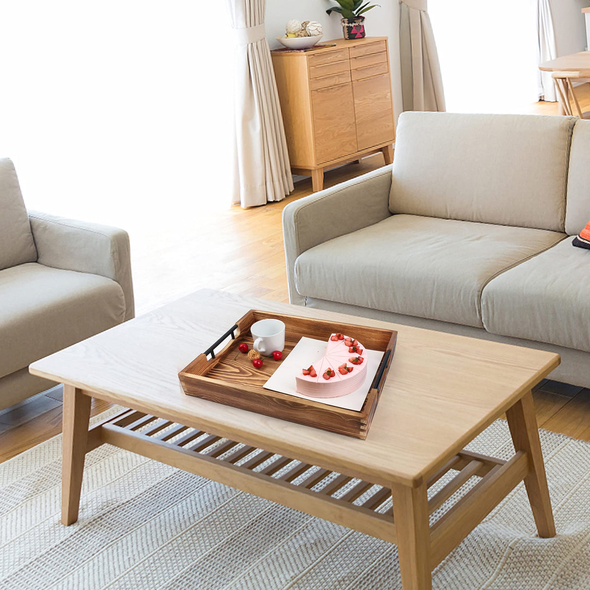 LotFancy Large Ottoman Tray for Living Room, 17x13'' Wood Serving Tray with Handles, Home Décor for Coffee Table, Sofa, 2 Skidproof Coasters Included LotFancy