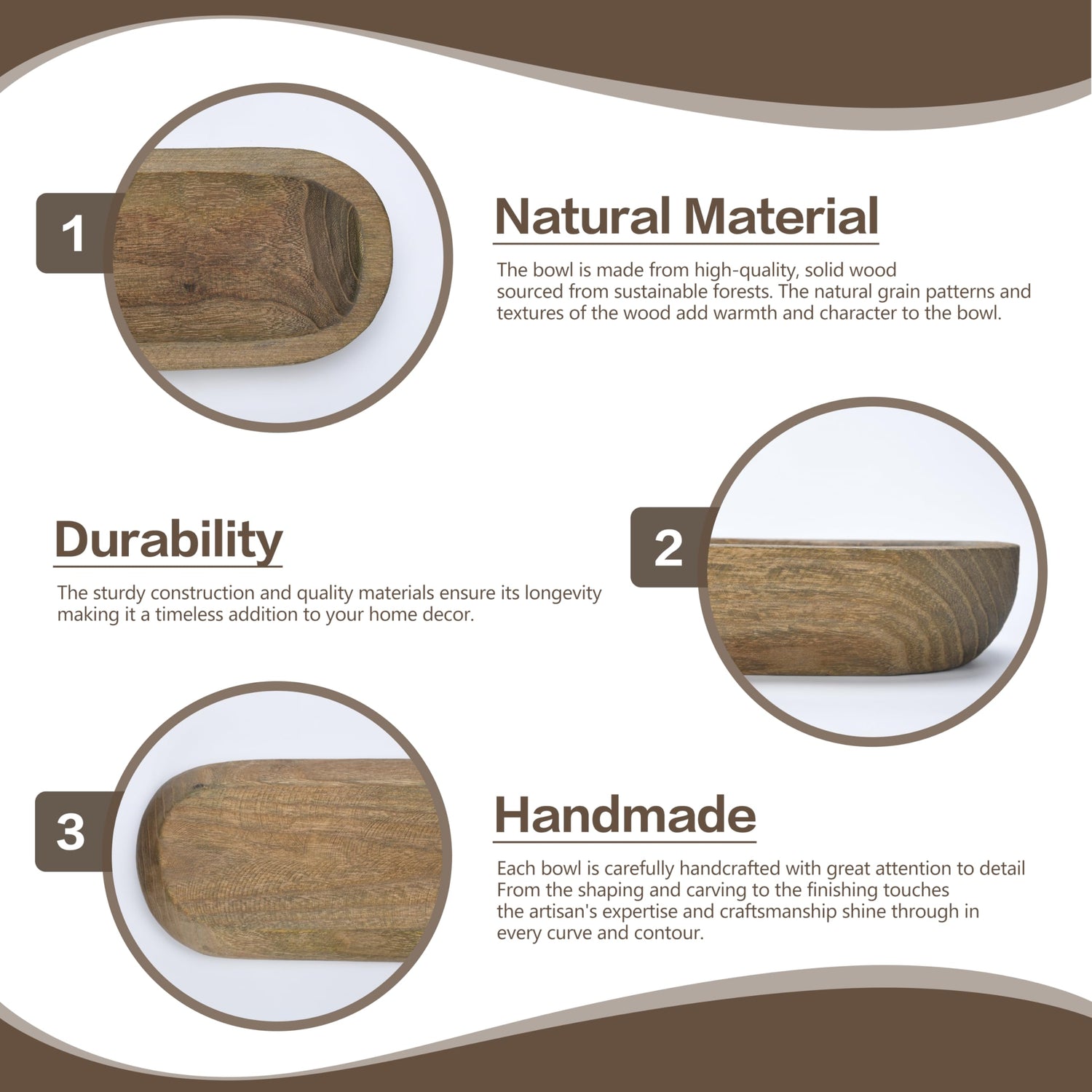 BORSHAE Wooden Decorative Farmhouse Dough Bowl Hand Carved Centerpiece (20 x 6 x 2 inches) BORSHAE