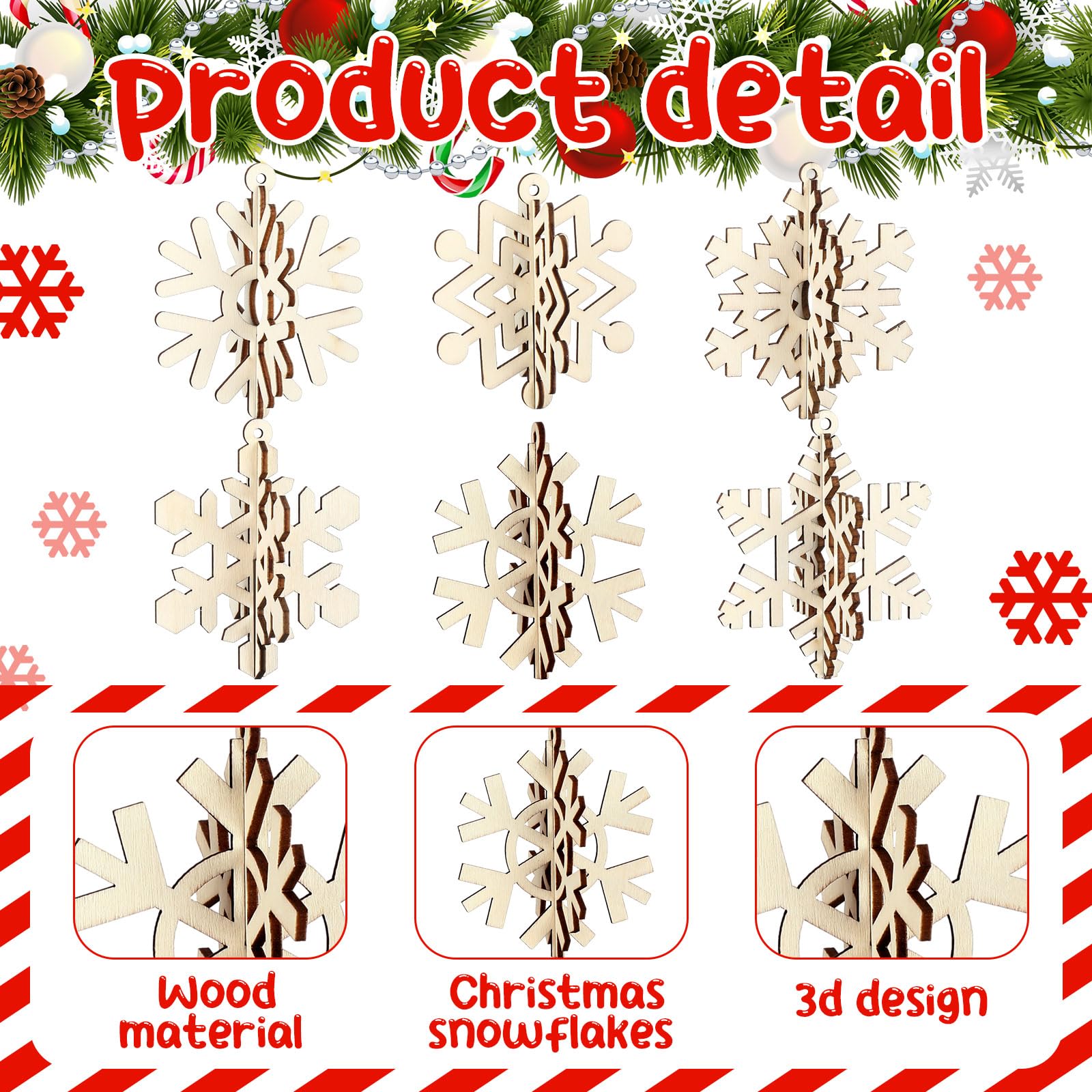 Soaoo 48 Pcs Christmas Unfinished Wooden Snowflake Ornaments 3D