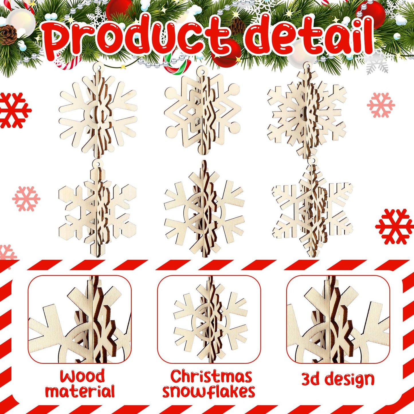 Soaoo 48 Pcs Christmas Unfinished Wooden Snowflake Ornaments 3D Wooden Snowflake Decoration Snowflake Hanging Cutouts Christmas Hanging Decorations