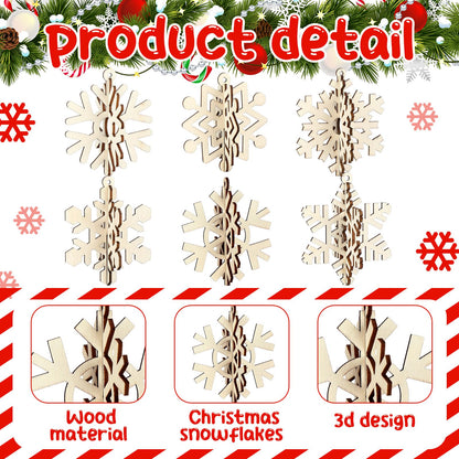 Soaoo 48 Pcs Christmas Unfinished Wooden Snowflake Ornaments 3D Wooden Snowflake Decoration Snowflake Hanging Cutouts Christmas Hanging Decorations