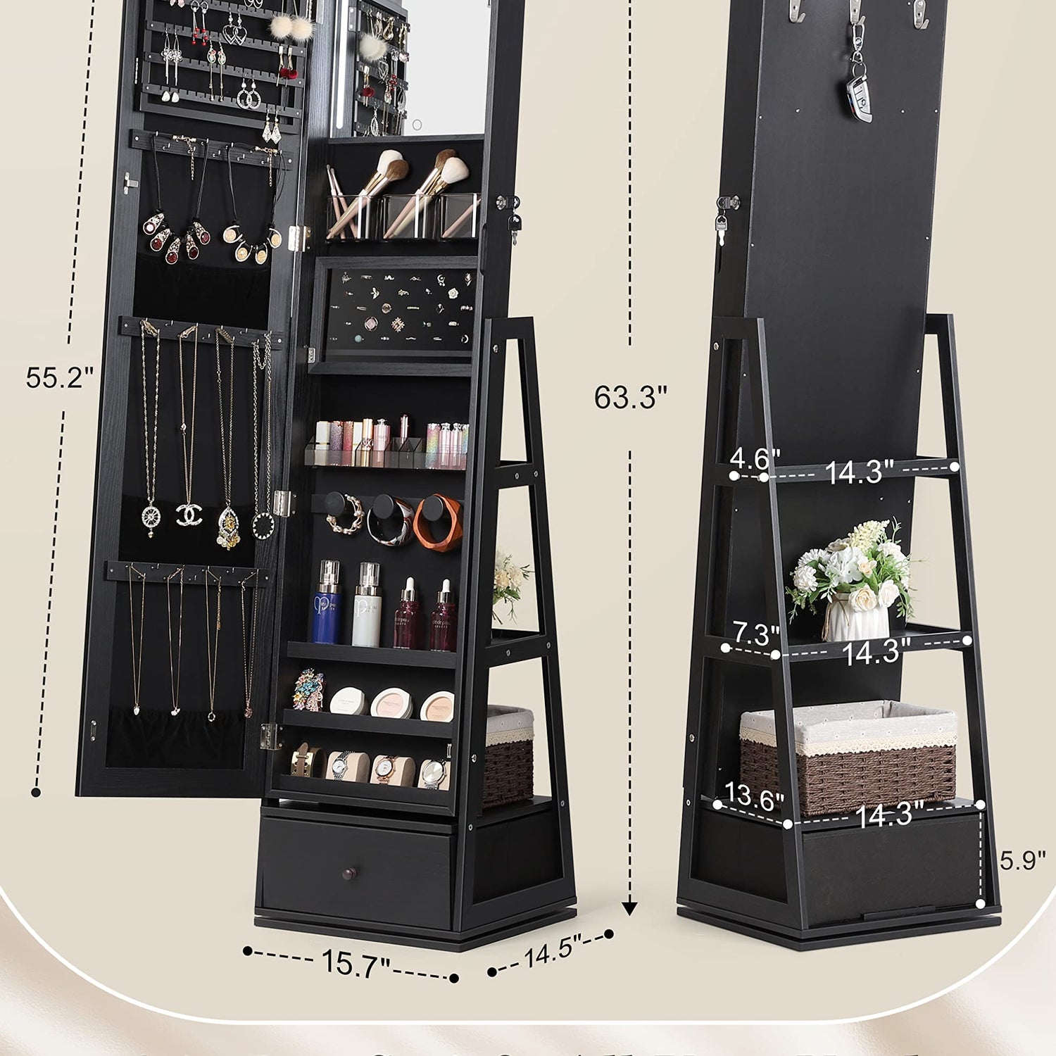 Nicetree 360° Swivel Jewelry Cabinet with Lights, Touch Screen Vanity Mirror, Rotatable Full Length Mirror with Jewelry Storage, Standing Jewelry Nicetree