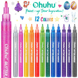 Ohuhu Glitter Markers Pen 12 Glitter Colors Metallic Shimmer Marker Fine Point Tip Water-based Ink for Kids Adults DIY Crafts Greeting Birthday Cards Ohuhu