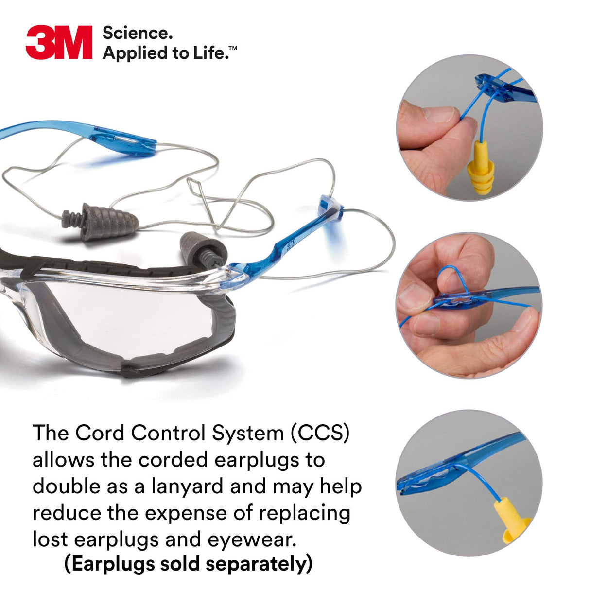 3M Safety Glasses, Virtua CCS and Virtua Sport CCS 2-Pack, Anti-Fog, Anti-Scratch, Clear Lens, ANSI Z87, Corded Ear Plug Control System, Removable 3M