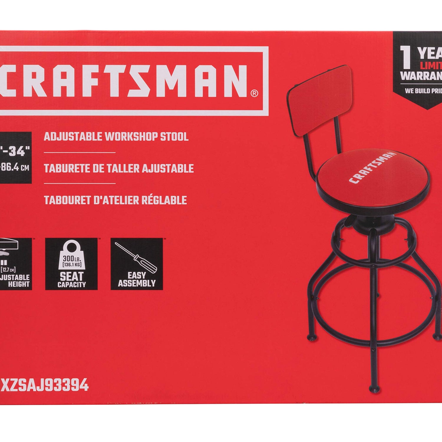 Craftsman Adjustable Height Work Shop Stool, 29 to 34-inches Tall, Rip-Resistant Padded Vinyl Seat, 300-lb Capacity, 360-degree Footrest, Non-Marring Craftsman