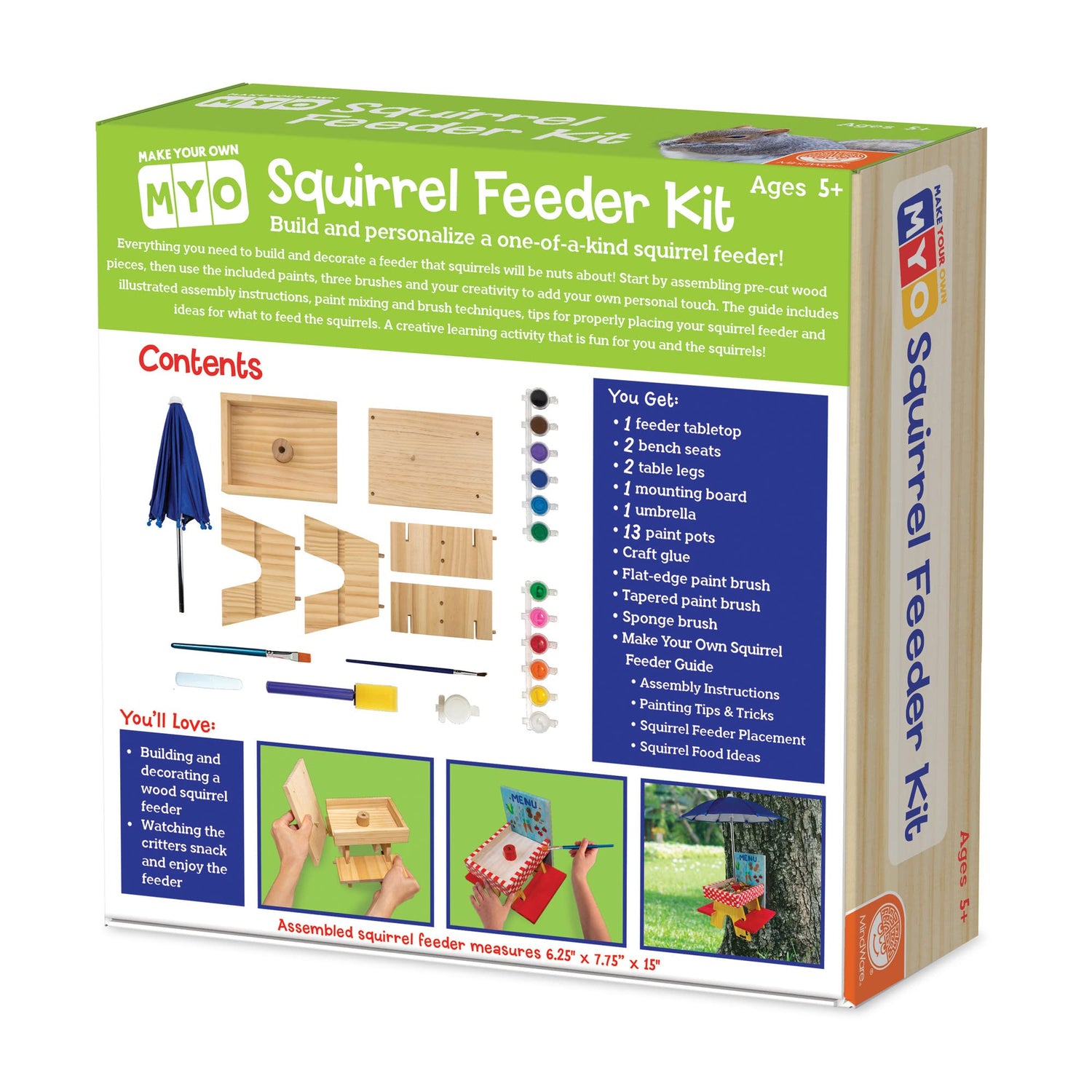 MindWare Make Your Own (MYO) Squirrel Feeder Craft Kit for Kids - Includes Wood Pieces, Paint, Brushes, Instructions and More MindWare