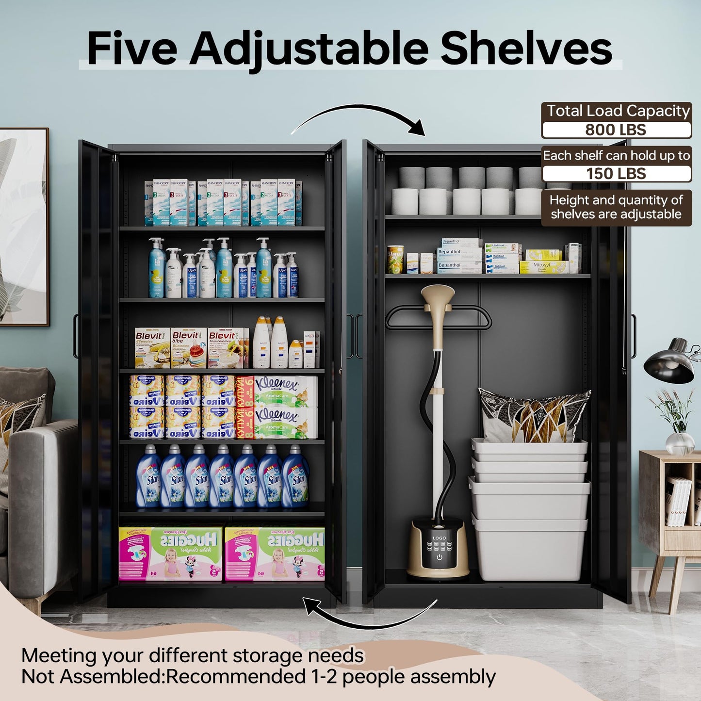 AFAIF Metal Garage Cabinets, 72" Tall Locking Storage Cabinets with 2 Doors and 5 Adjustable Shelves, Steel Utility Tool Cabinet, Black Lockable