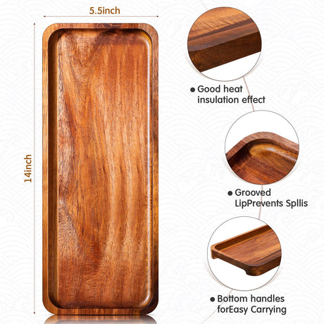 5 Pack Solid Acacia Wood Serving Trays, 14 x 5.5 Inches Rectangular Wooden Serving Board for Food Appetizer Serving Tray Plates for Vegetables Fruit Roowest