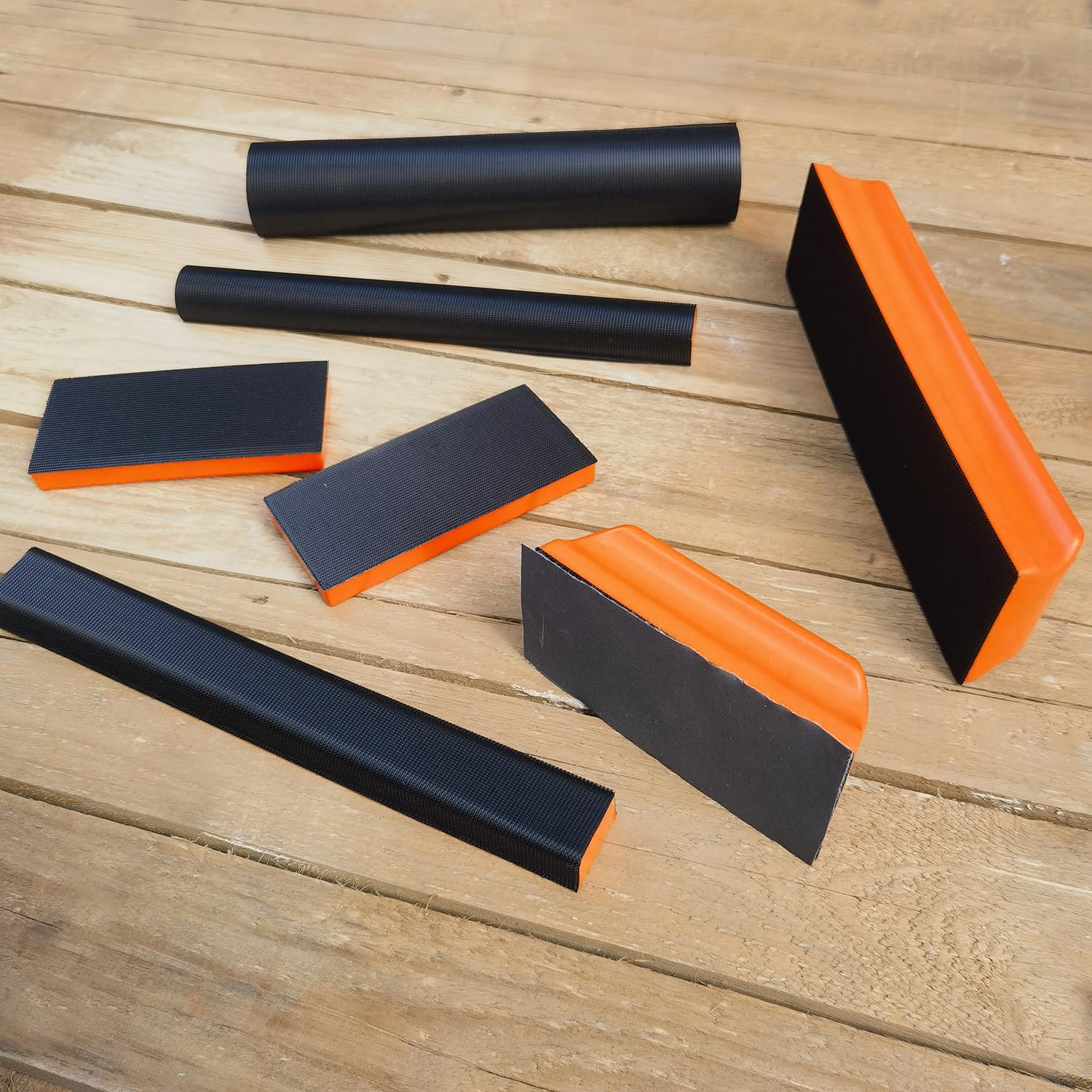 Tonmp 7 Piece Orange Hand Sanding Block Set, Rectangle Handheld Sanding Pad, Hook and Loop Interchangeable Assorted Shapes for Sanding or Polishing Tonmp