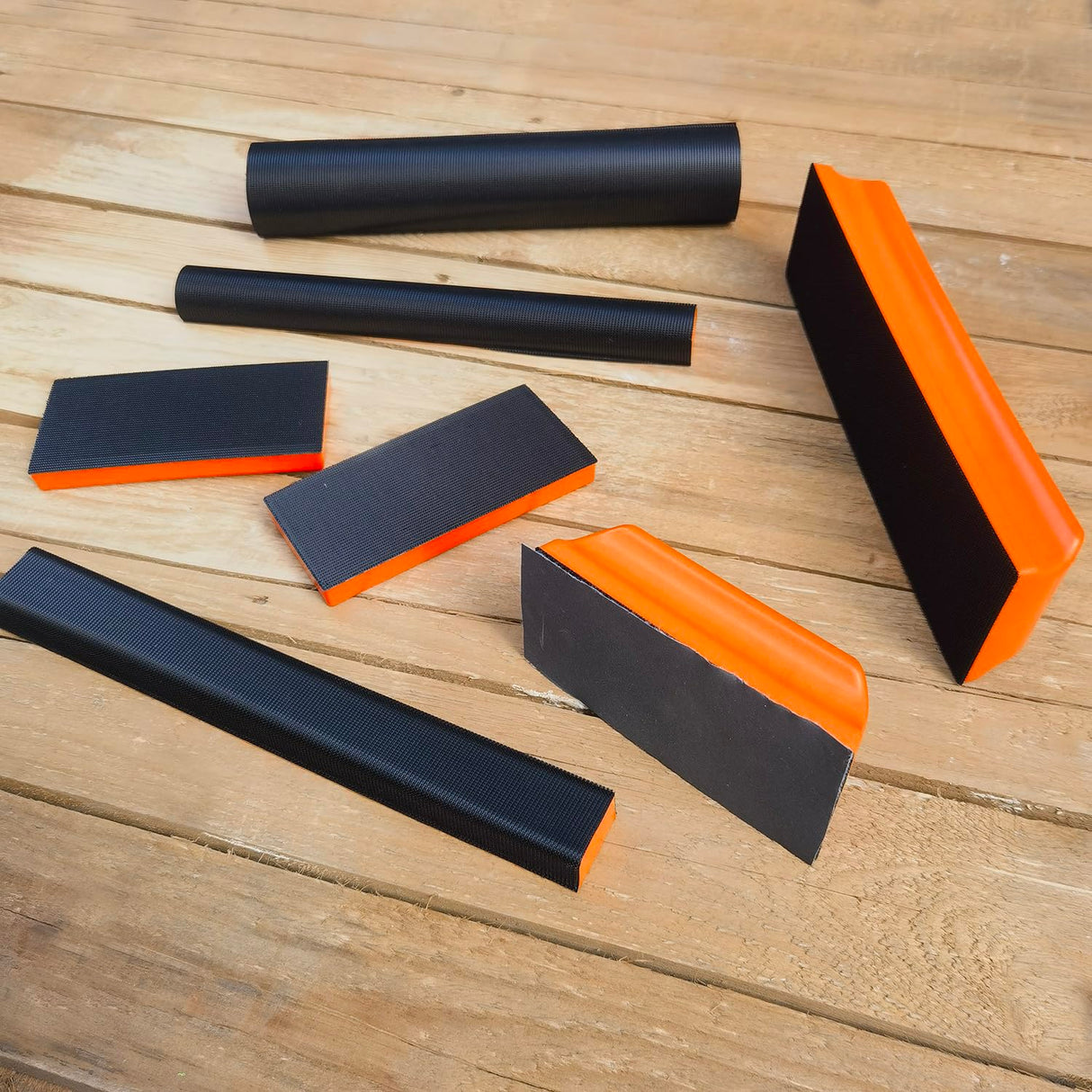 Tonmp 7 Piece Orange Hand Sanding Block Set, Rectangle Handheld Sanding Pad, Hook and Loop Interchangeable Assorted Shapes for Sanding or Polishing Tonmp