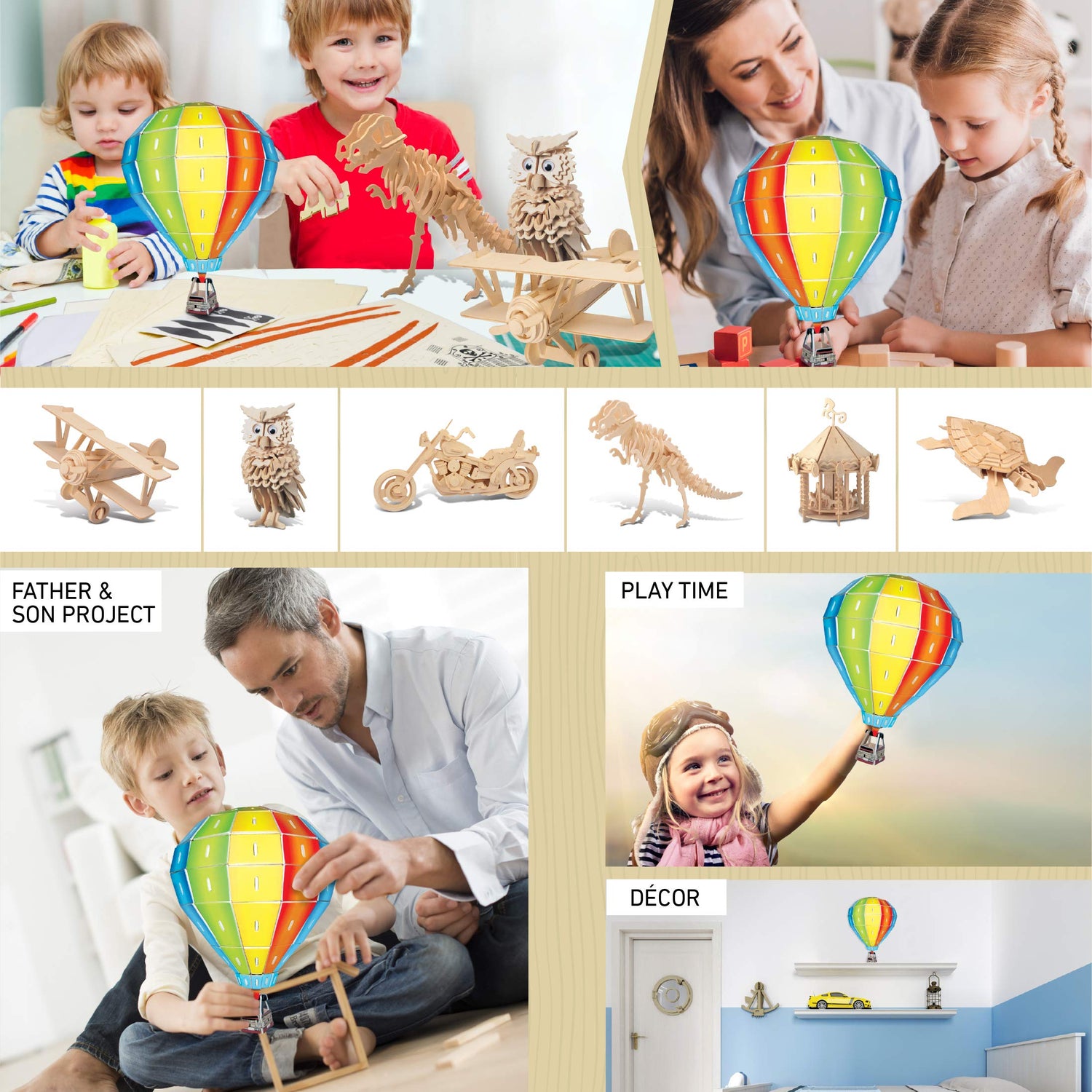 Puzzled Hot Air Ballon Pre-Colored 3-D Wooden Puzzle Construction Kit - Air Planes/Vehicles Theme - Affordable Gift for Kids and Adults - Item #C1403 - WoodArtSupply