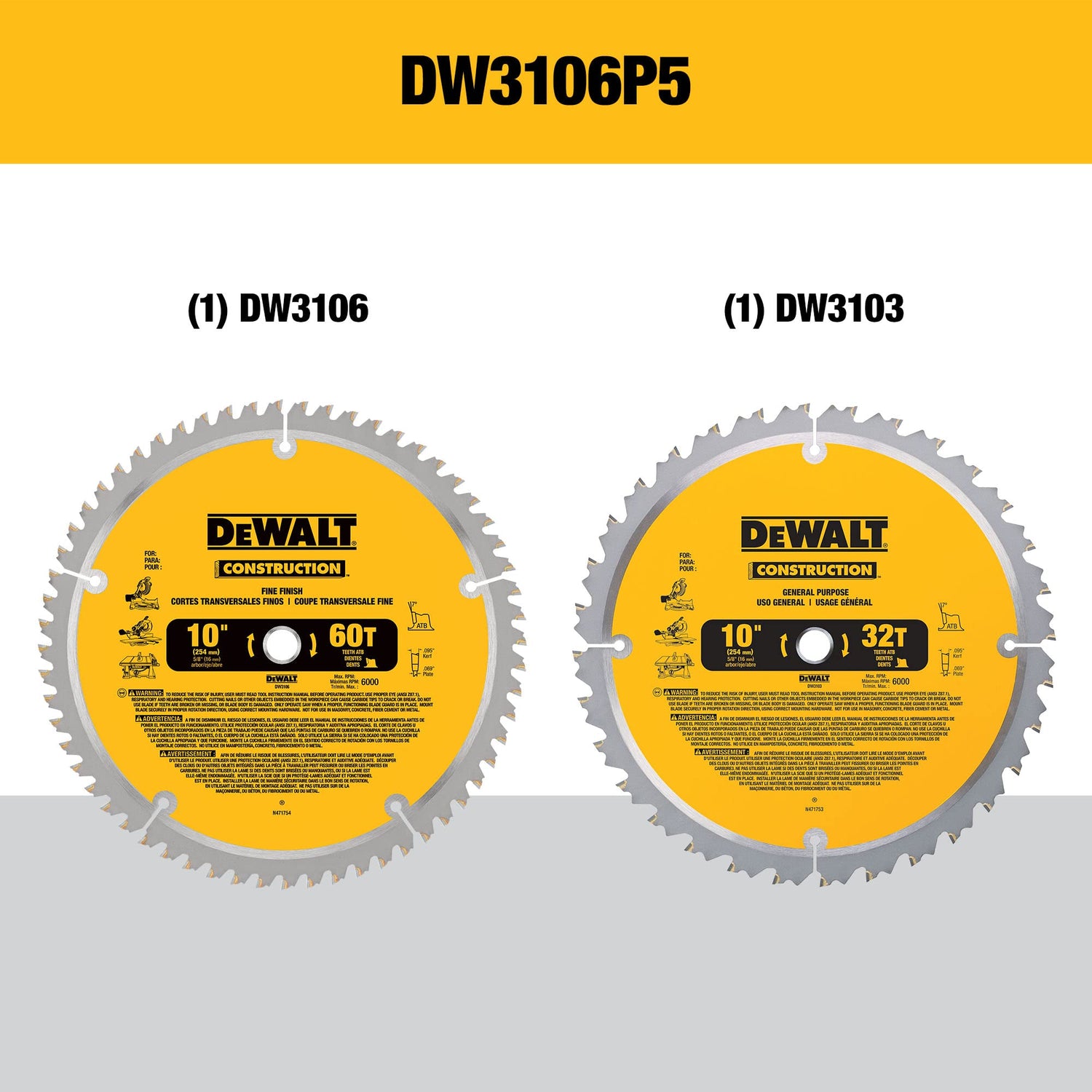 DEWALT 10-Inch Miter / Table Saw Blades, 60-Tooth Crosscutting & 32-Tooth General Purpose, Combo Pack (DW3106P5) DEWALT