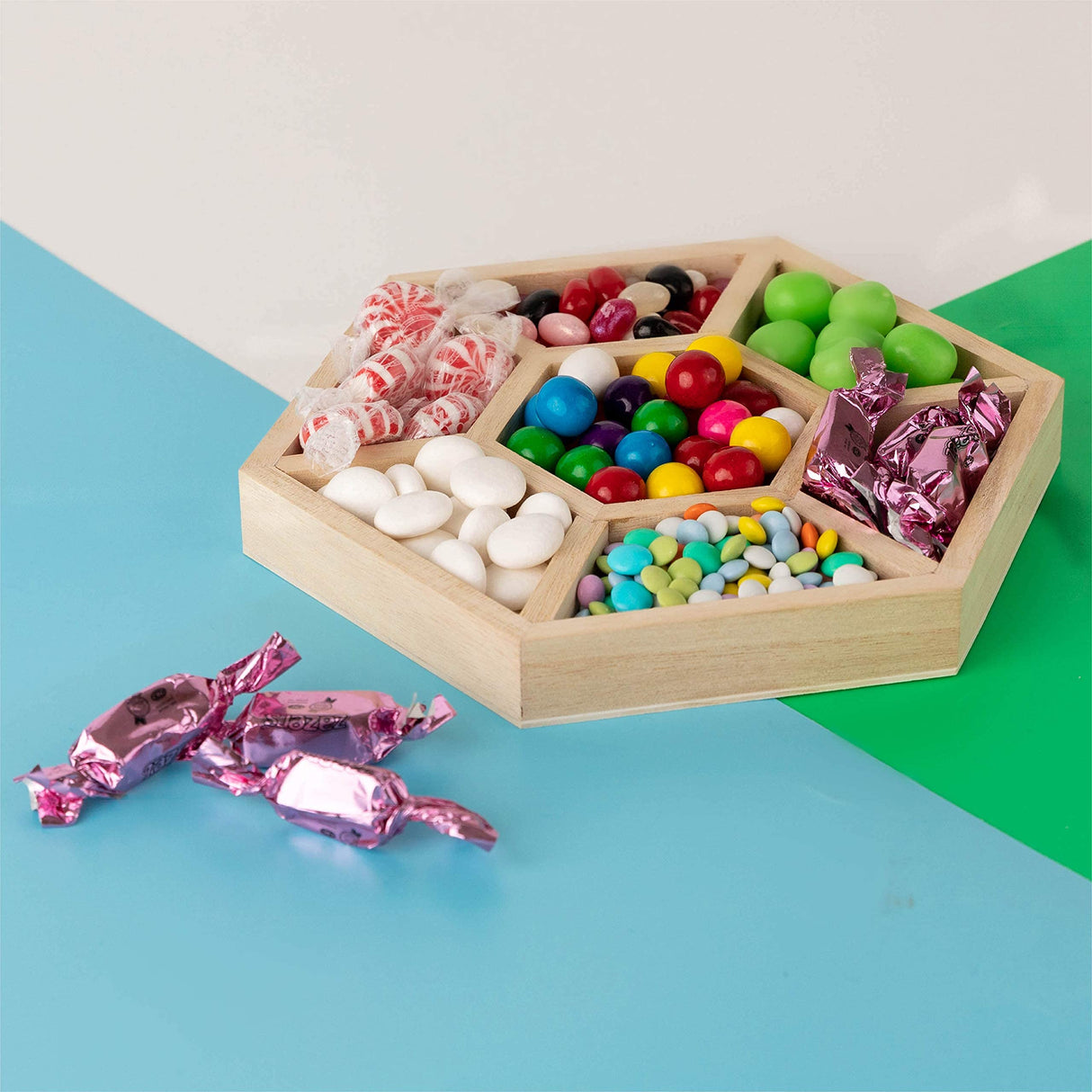 Hammont Hexagon Sectional Wooden Trays - 3 Pack - 8.5”x8.5”x1” - Eco Friendly Decorative Wooden Tray for Dry Fruits & Candies | Organic Wooden Tray Hammont