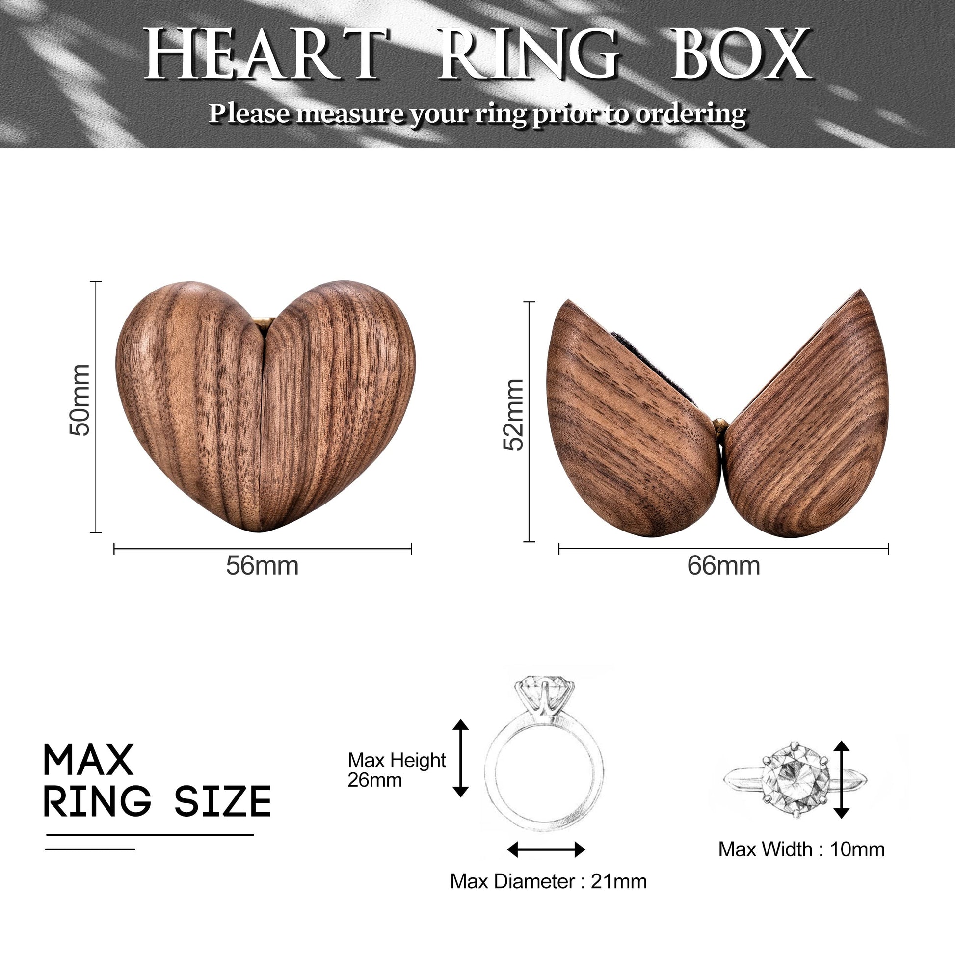 KEMEILA Custom Wooden Ring Box, Heart Shaped Engagement Ring Box, Walnut Ring Box Solid Wood Ring Box Jewelry Box Gift For Proposal Engagement - WoodArtSupply