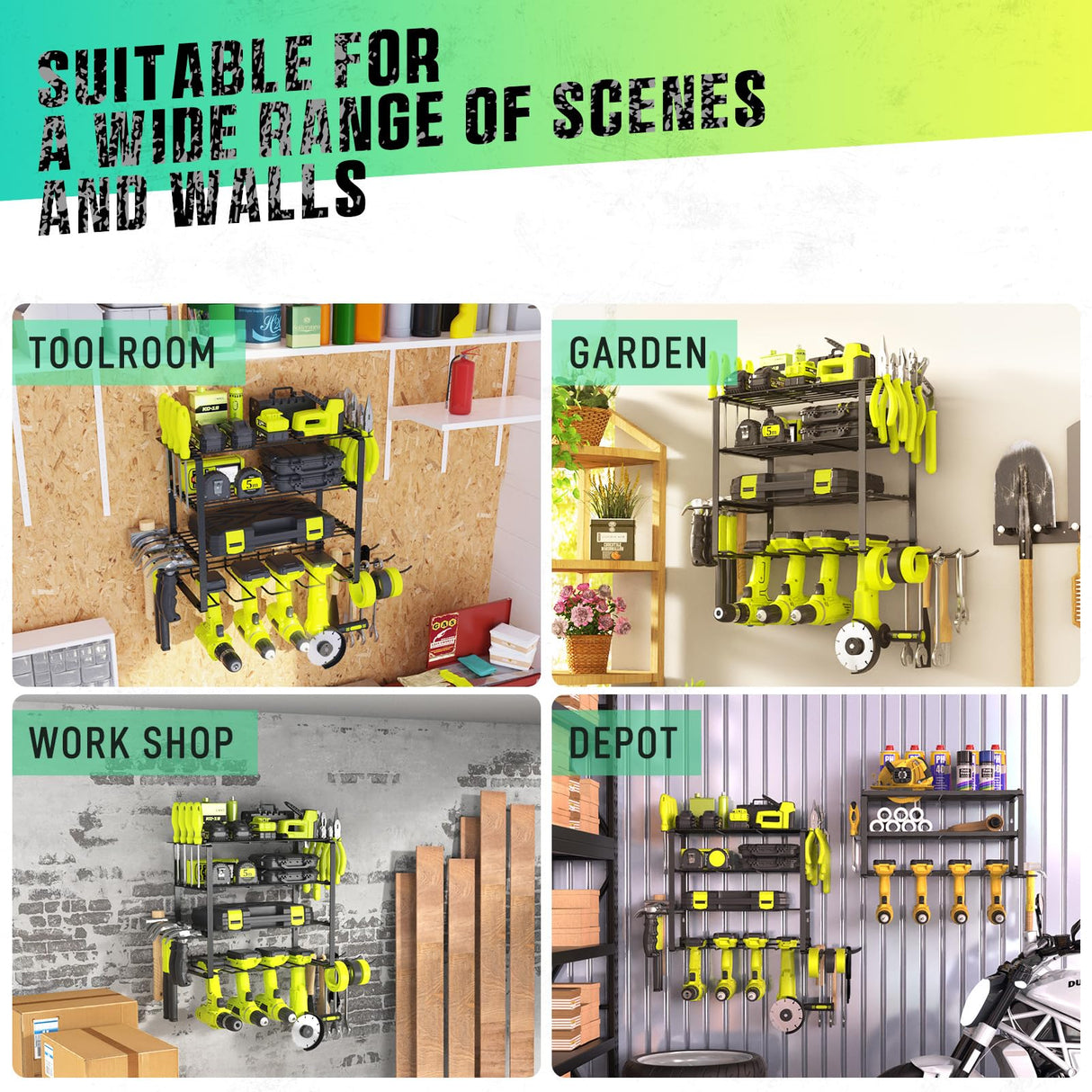 SUNALLY Power Tool Organizer, 4 Drill Holder Wall Mount, Garage Tool Organizer and Storage with Screwdriver Holder, Garage Organization, 4 Layer SUNALLY